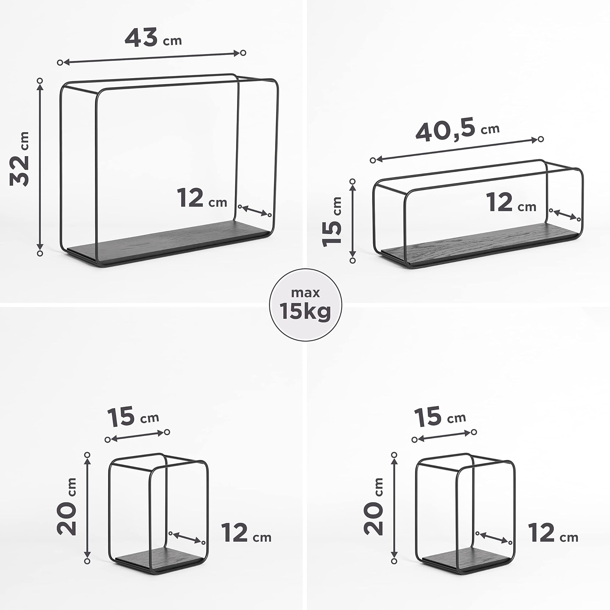 Kazai. Mensole da Muro Design -Jona- | Scaffale Metallo a 4 Parti con Impiallacciatura in Vero Legno | Decorazione della Parete, Libreria Scaffale, per Camera da Letto, Bagno, Cucina | Quercia, nero