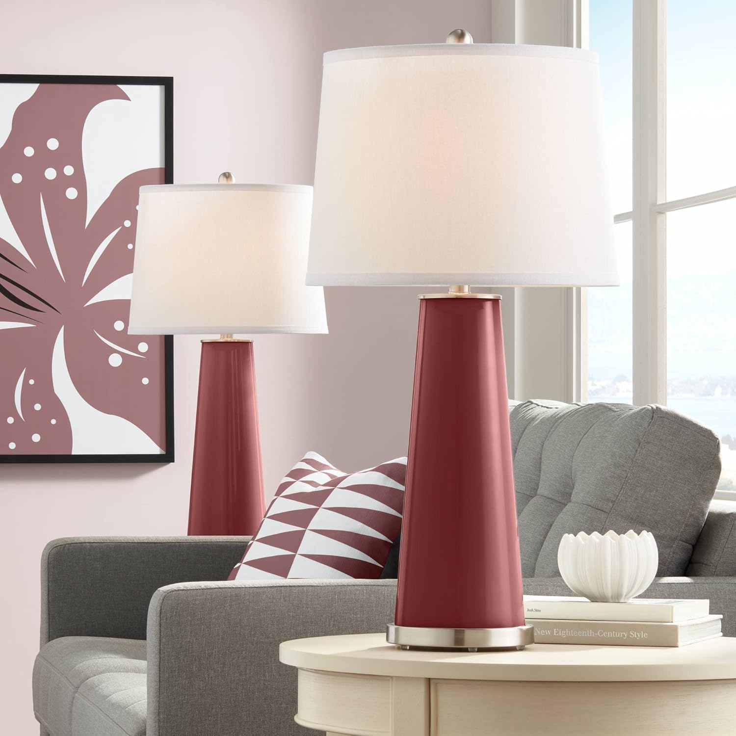 Color + Plus Leo 29 1/2" Tall Cylinder Modern End Table Lamps Set of 2 Toile Red Brushed Nickel Finish Glass Fabric White Shade Living Room Bedroom Bedside Nightstand House Office Home Reading