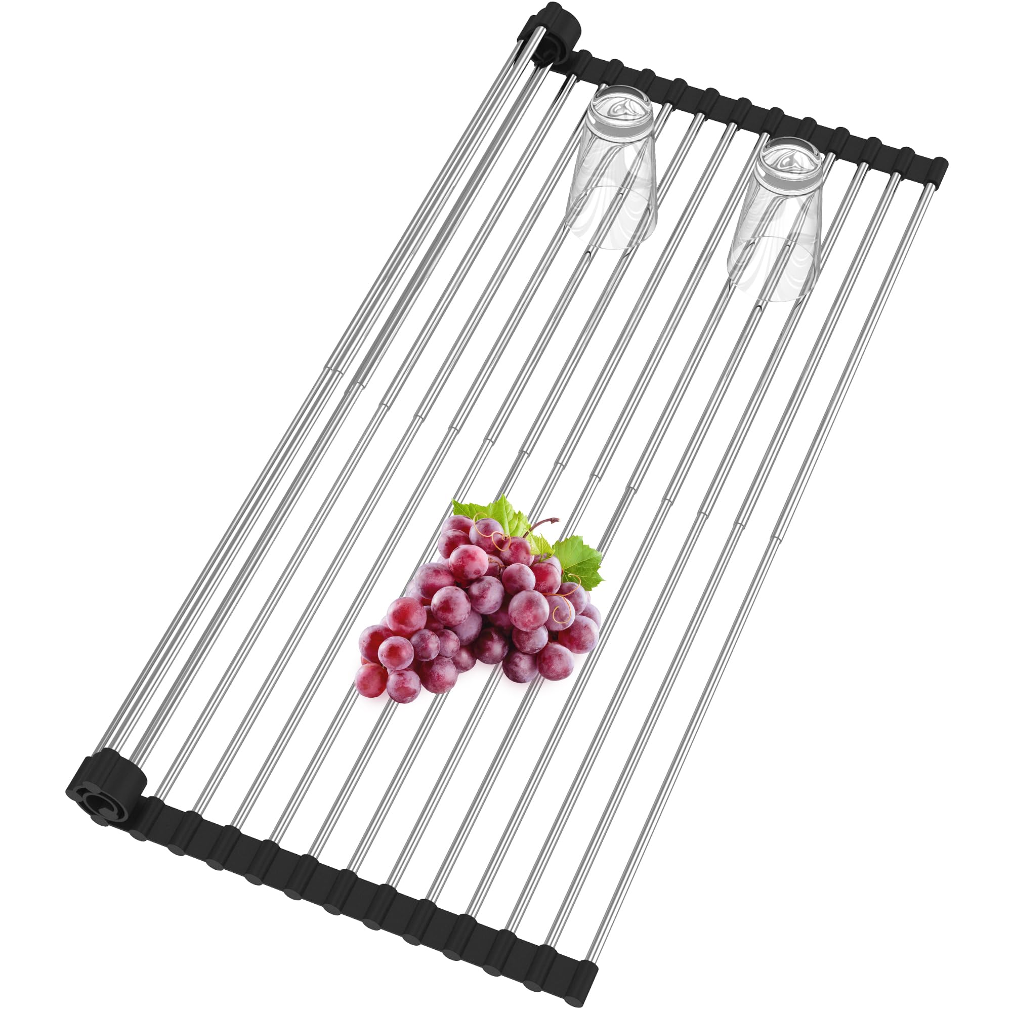 BBXTYLY Expandable Roll Up Dish Drying Rack,Over The Sink Drying Rack Sink Cover Practical Kitchen Sink Accessories Kitchen Rolling up Stainless Steel Drainer, Foldable,Rollable(Black,25.1''-12.4'')