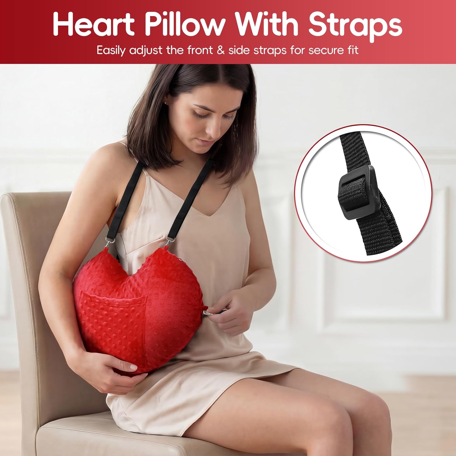 Heart Surgery Pillow & Hysterectomy Pillow, Chest and Abdominal Support Pillow with Dual Straps, Heart-Shaped Sternum and Incision Protection Pillow for Post Surgery Recovery (Red)