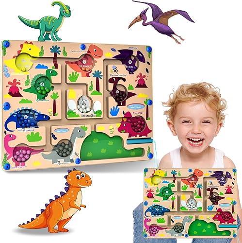 Hafeehafi Laberinto magnético de dinosaurio de color y número, tablero de juego de rompecabezas de madera de dinosaurio, juego educativo Montessori
