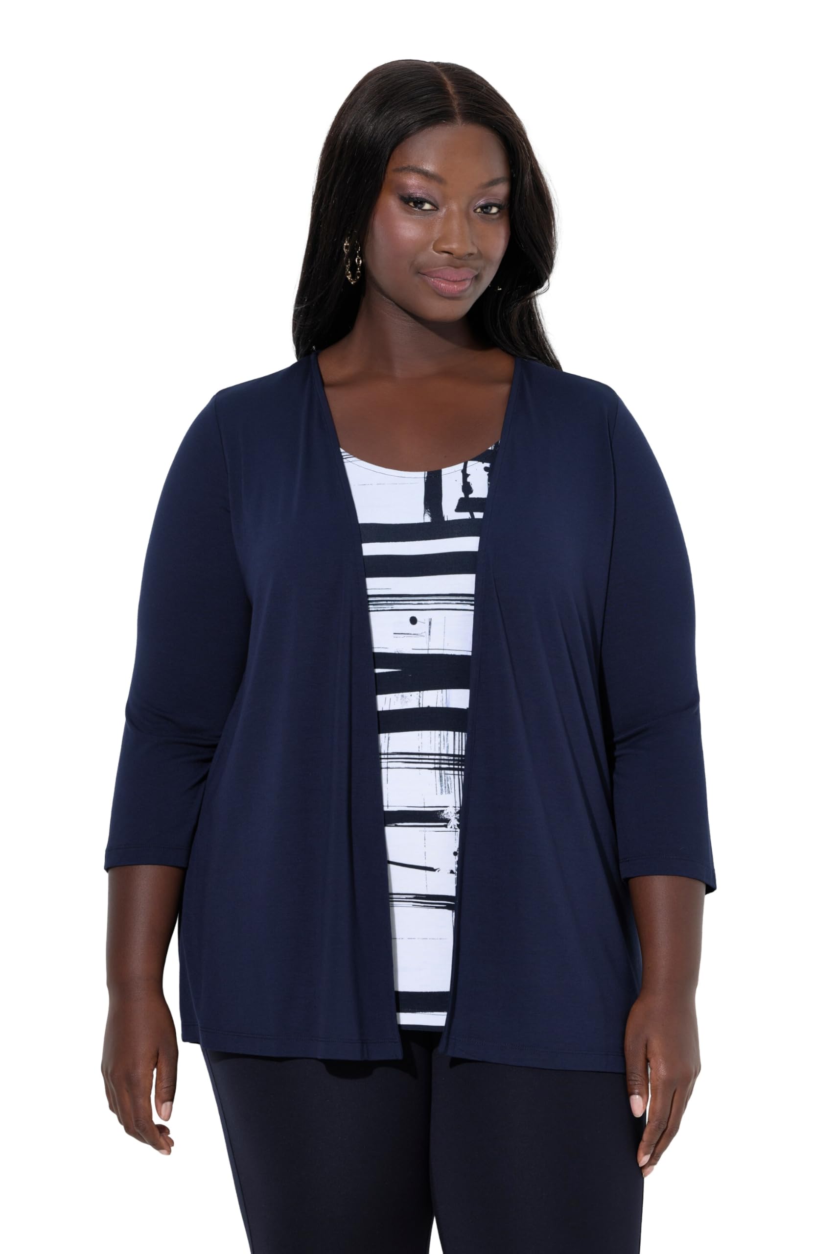 Ulla Popken Damen große Größen Übergrößen Plus Size 2-in-1-Shirt, grafisches Design, Rundhals, 3/4-Arm 847628