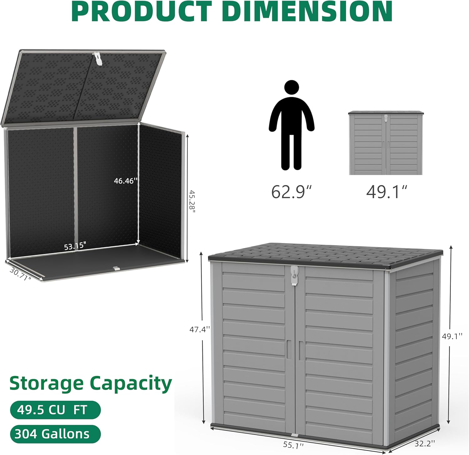 Outdoor Storage Shed, Horizontal Trash Can Storage for 2 Bins, 304 Gallon Double-Wall Resin Garbage Shed with Wood-Grain Texture, Smooth Lift Pistons & Anti-Collision Corners, Grey