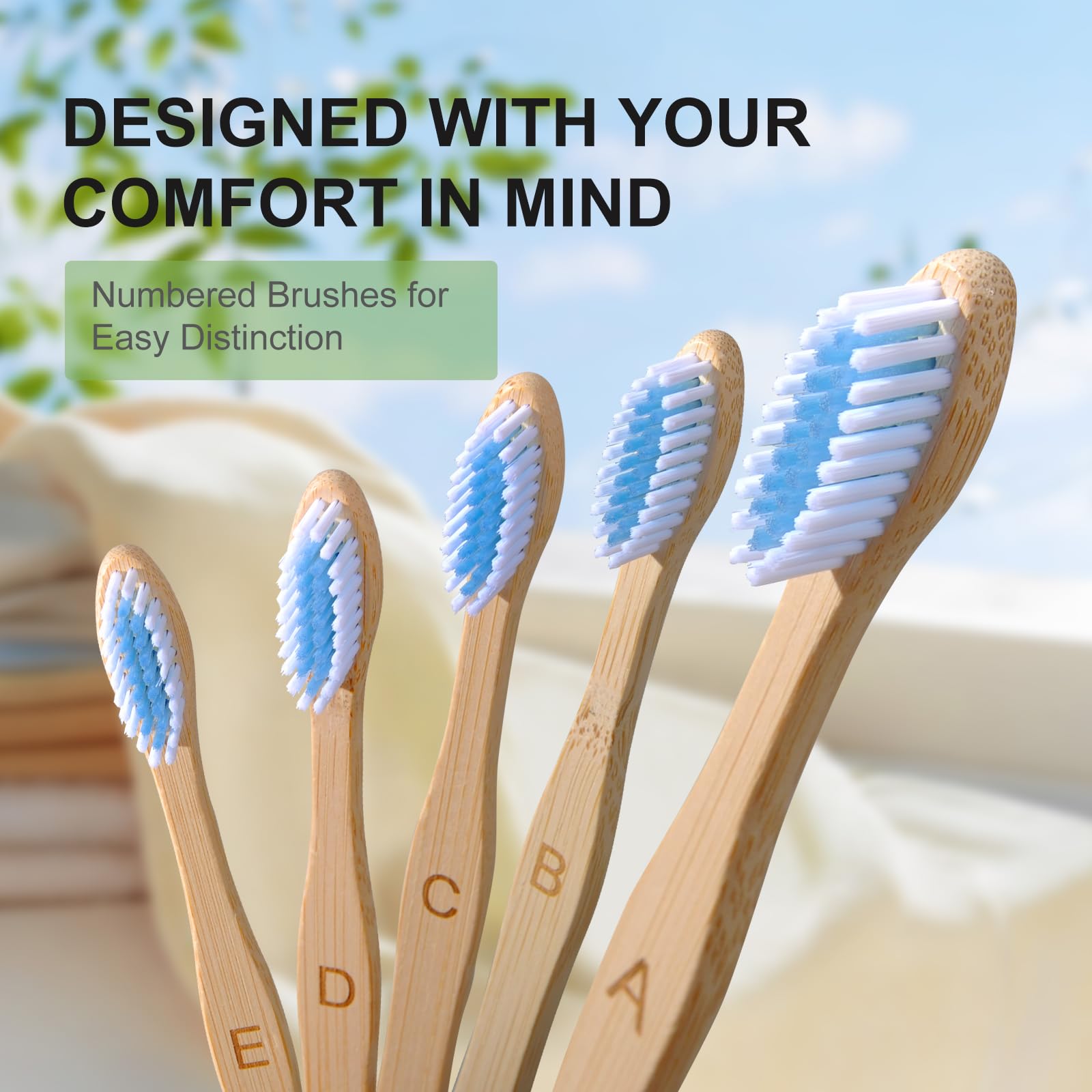 Bamboo Toothbrushes 10 Count - BPA Free Medium Bristles, Compostable Natural Wooden Toothbrushes, Without Plastic, Eco-Conscious Packaging for Adults (White and Blue, Moderate Length)