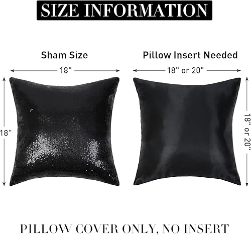 Miniatura 4 de SquarePie Juego de 4 fundas de almohada de lentejuelas, 18 x 18 pulgadas, color negro, fundas de almohada cuadradas brillantes para cama, sofá,