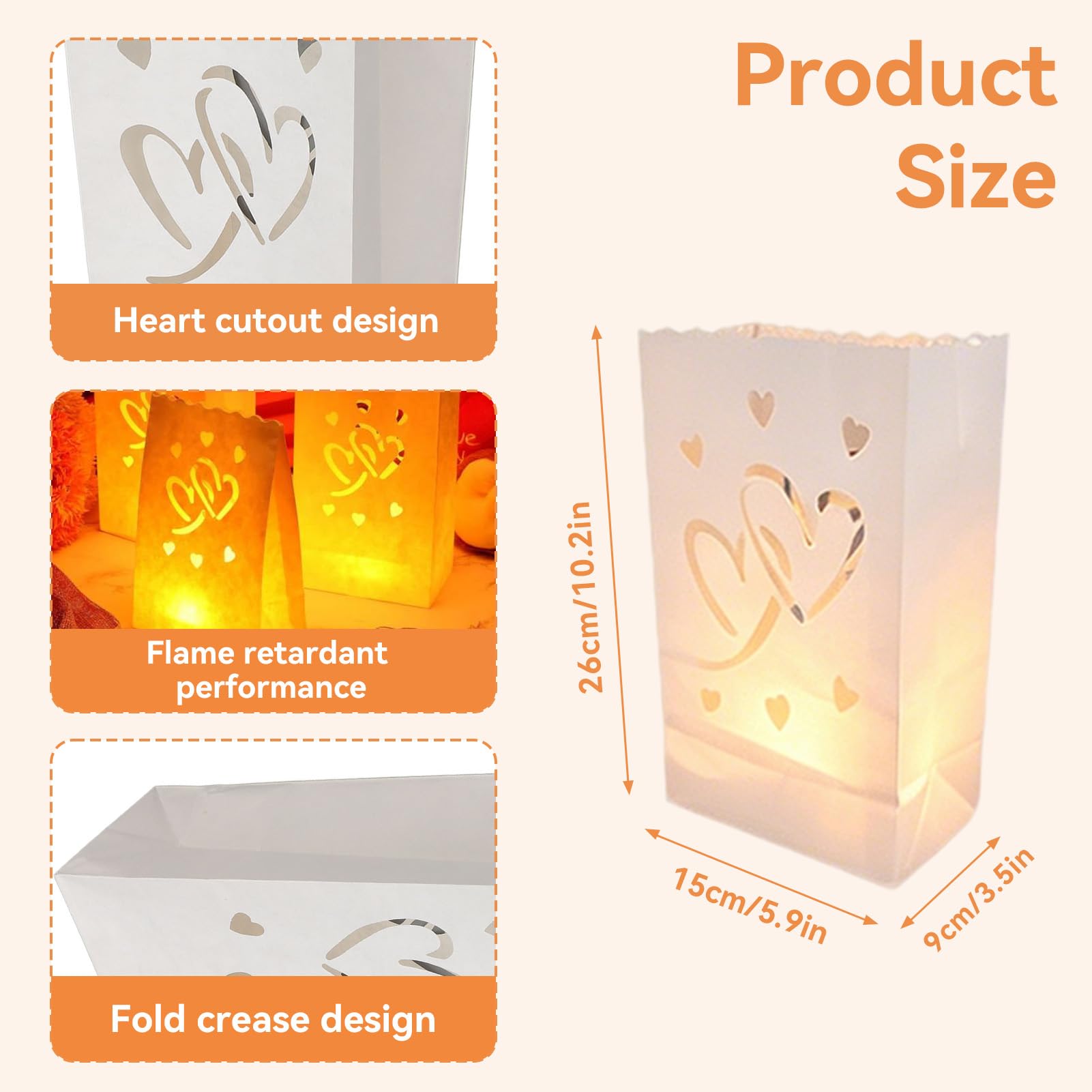 HERCHR 20 Pezzi Sacchetti Portacandele Luminari, Lanterne di Carta Resistenti alla Fiamma con Cuori, Lanternine a Tea Light per Matrimoni, Halloween, Ringraziamento