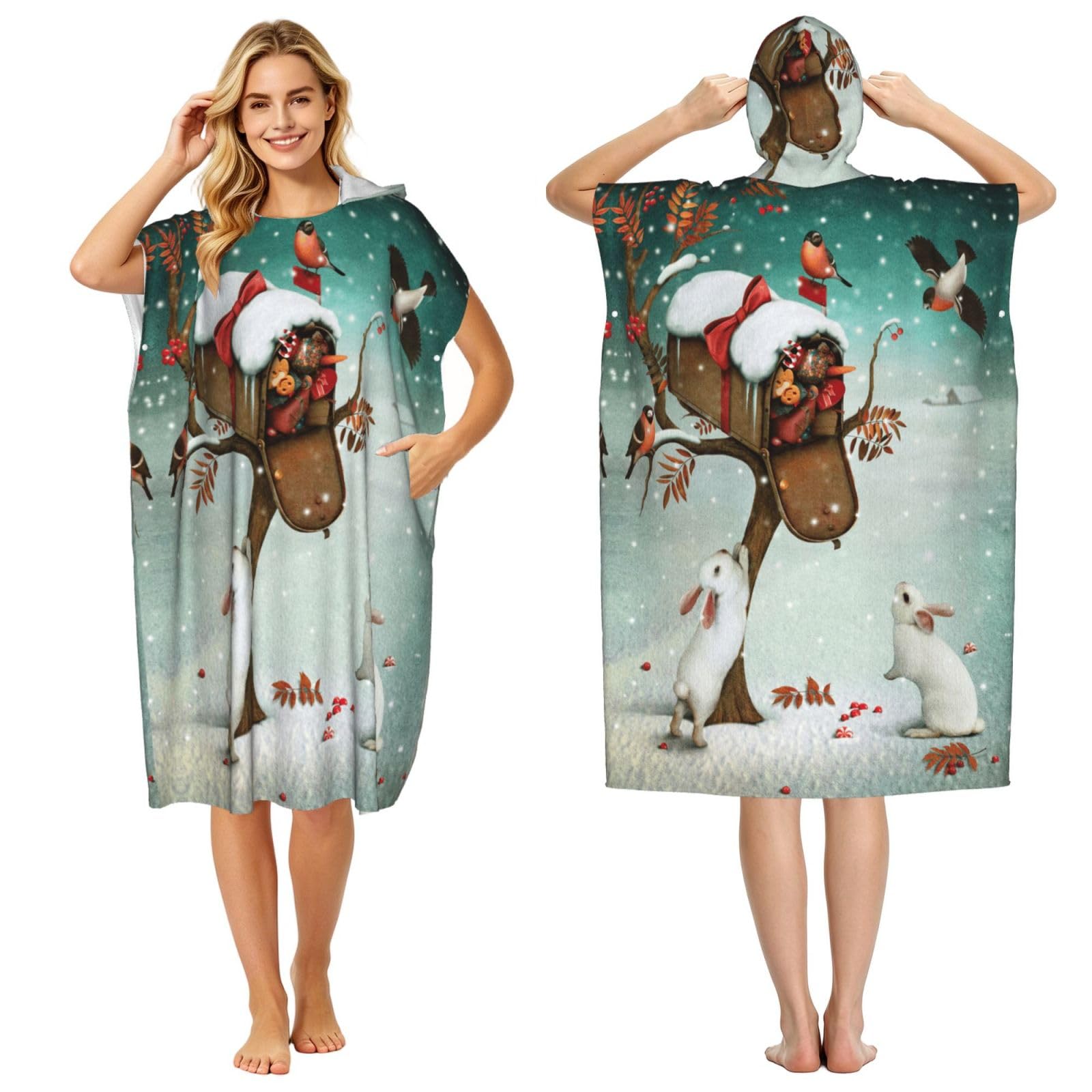 ESNAIUVCD Christmas Rabbit Bunny Print Changing Robe, Hooded Towel Poncho For Swimming Pool, Beach,Quick Dry & Light Weight Towelling Poncho For Adults Women Men