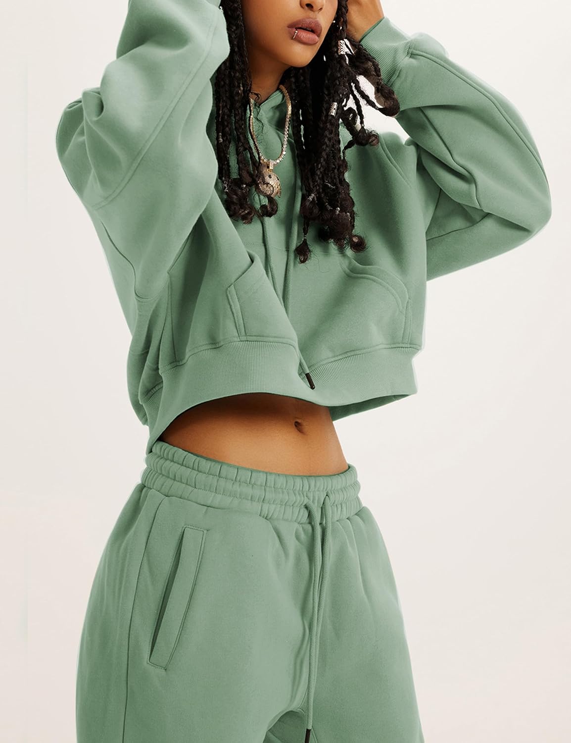 Tanming Women 2 Piece Outfits Sweatsuits Crop Pullover Fleece Sweatshirt Jogger Pants Lounge Set - Image 3