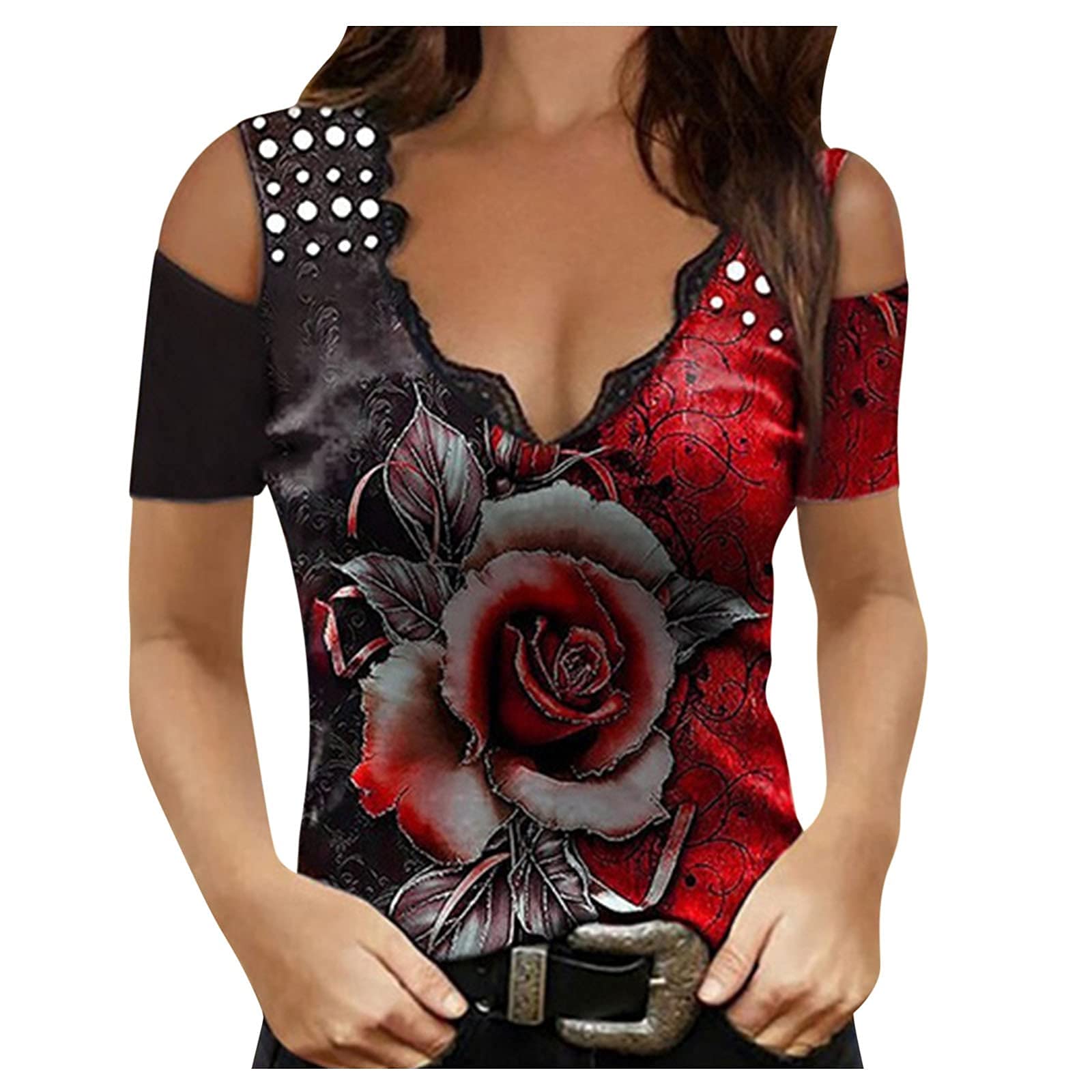 2024 Camiseta de Manga Corta Mujer Moda Color sólido Camisa un Hombro Verano Slim Fit Cuello en V Túnica Tops Sexy Casual Fiesta T-Shirt Original Gótico Punk tee Camisetas Blusa