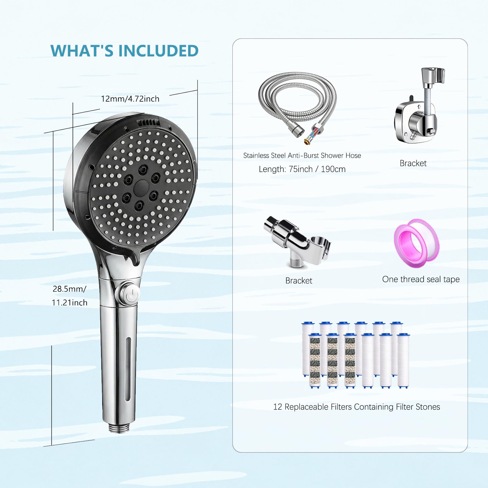Filtered Shower Head with Handheld - High Pressure 6 Spray Modes Showerhead with Filters, Shower Head With Movable Bracket & 75" Anti-Burst Hose | 12 Replaceable Water Softener Filters for Hard Water — view 5