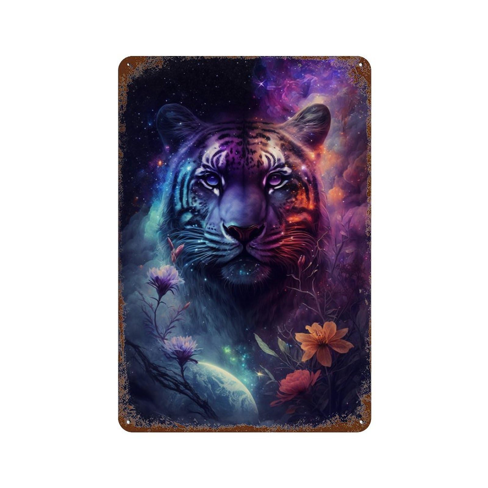 Cosmic Tiger Fantasy Artwork Decorative Tin Sign 11.8"x7.9", Rustic Home Decor for Cafe, Home Bar And Lounge Decor