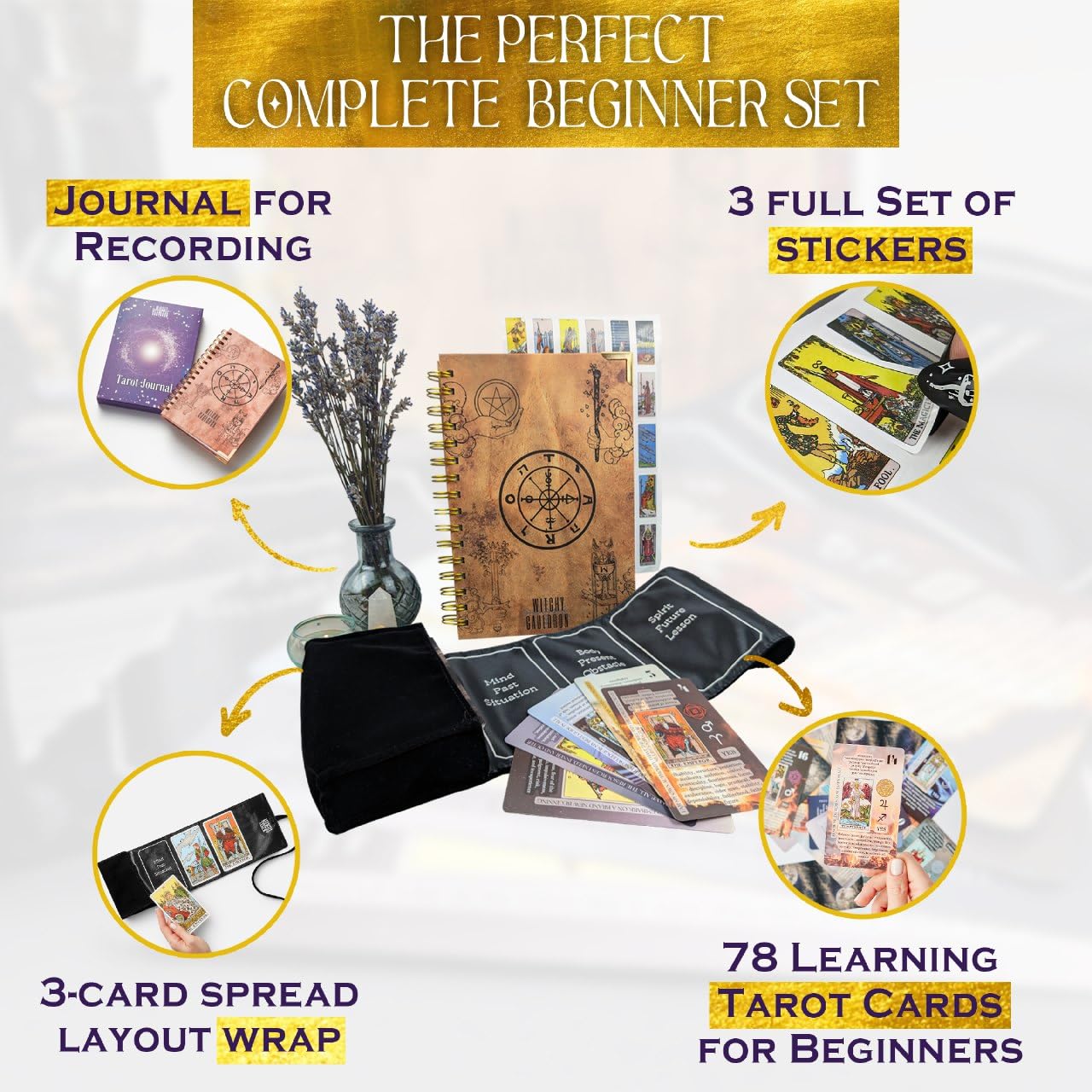 Witchy Cauldron Tarot Cards for Beginners with Guidebook, 78 Card Rider Waite Tarot Deck, Tarot Journal, Satin Tarot Bag - Image 2