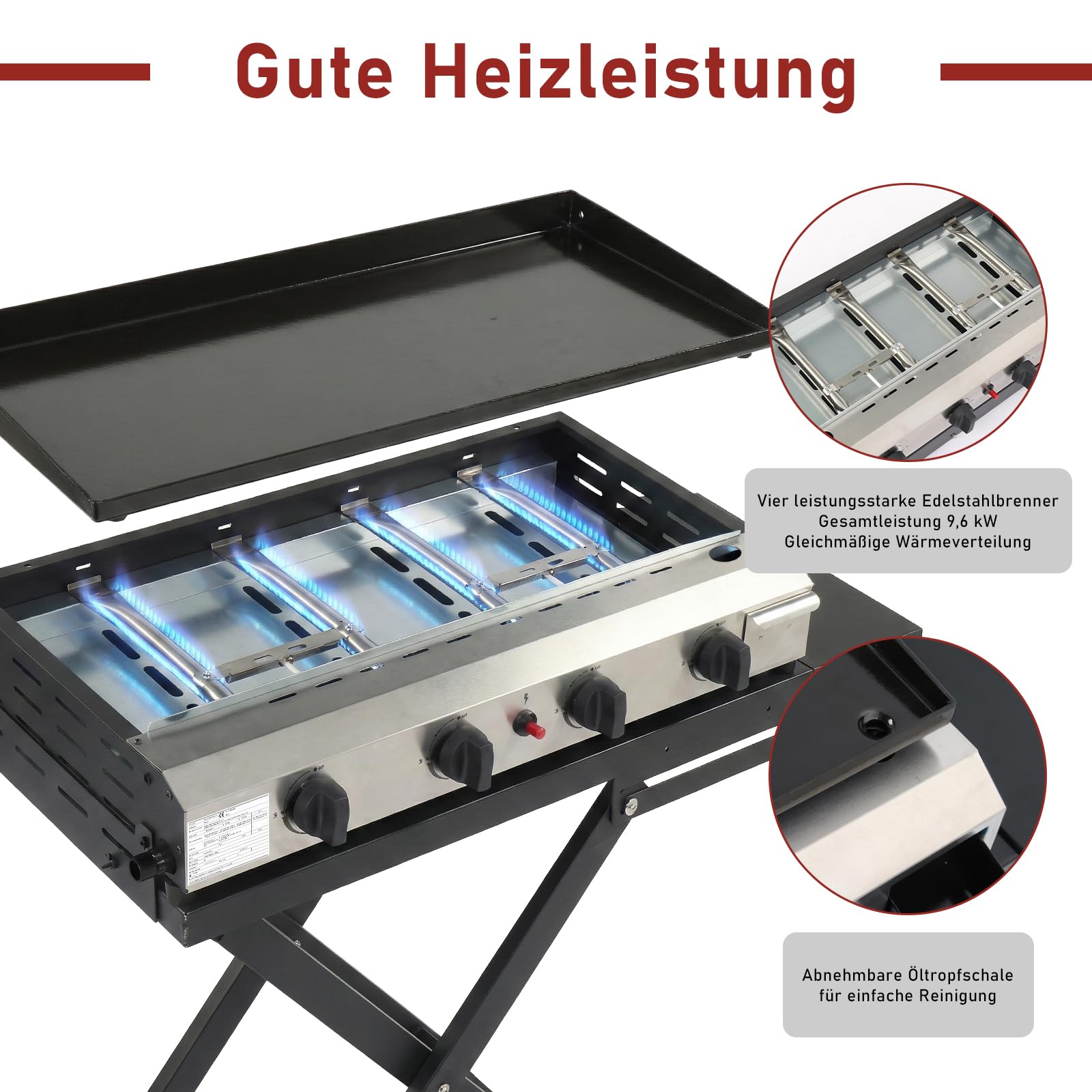 LEADZM Gasgrill Tragbarer 4 Brenner 9.6 kW Grill klappbar, Ausgestattet mit einem Druckminderungsventil - leicht zu verstauen