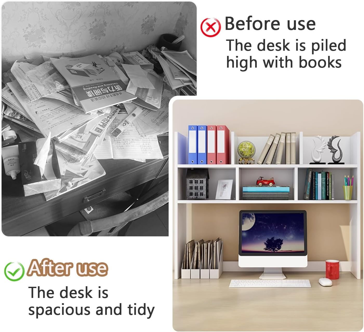 Desk Hitch for Dorm, Desk Bookshelf, White Desktop Hutch with 2 Tier Shelves for Kitchen, Office, Dressing Table