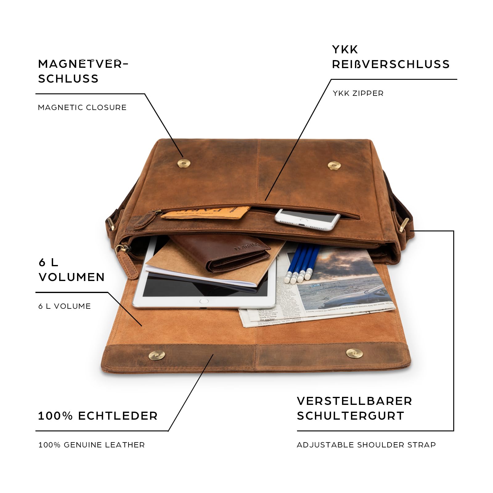 LEABAGS Leder Umhängetasche Herren & Damen I Echtleder Laptoptasche bis 14 Zoll I Messenger Bag mit Schultergurt I Schultertasche I Arbeitstasche I Tragetasche I Handtasche