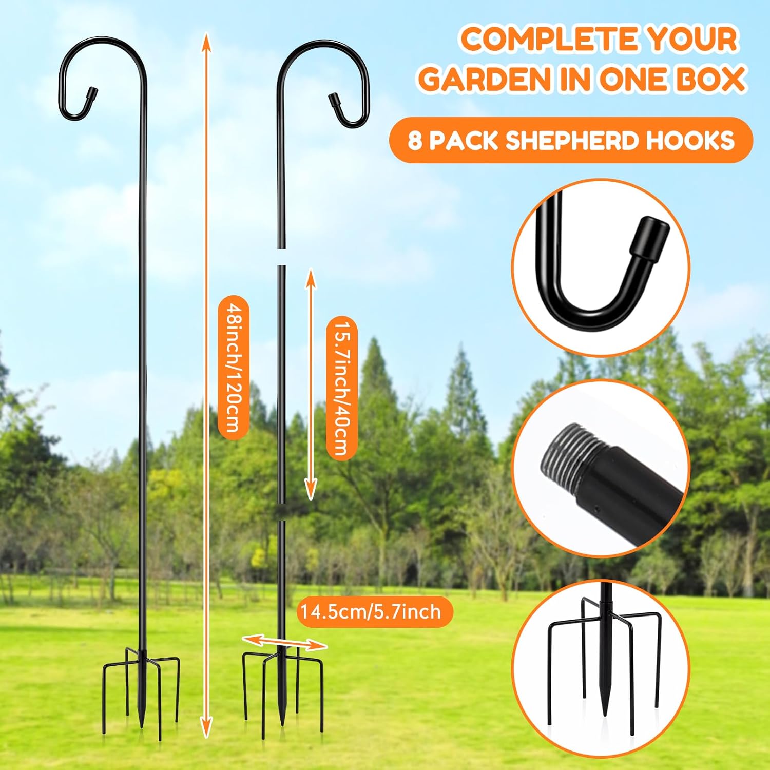 Therwen 8 Pack 48 Inch Heavy Duty Shepherds Hooks for Outdoor 1/2 Inch Thick Adjustable Rust Resistant Shepherds Hooks with 5 Prong Base Metal Bird Feeder Pole for Hanging, Plants, Solar Lights, Black