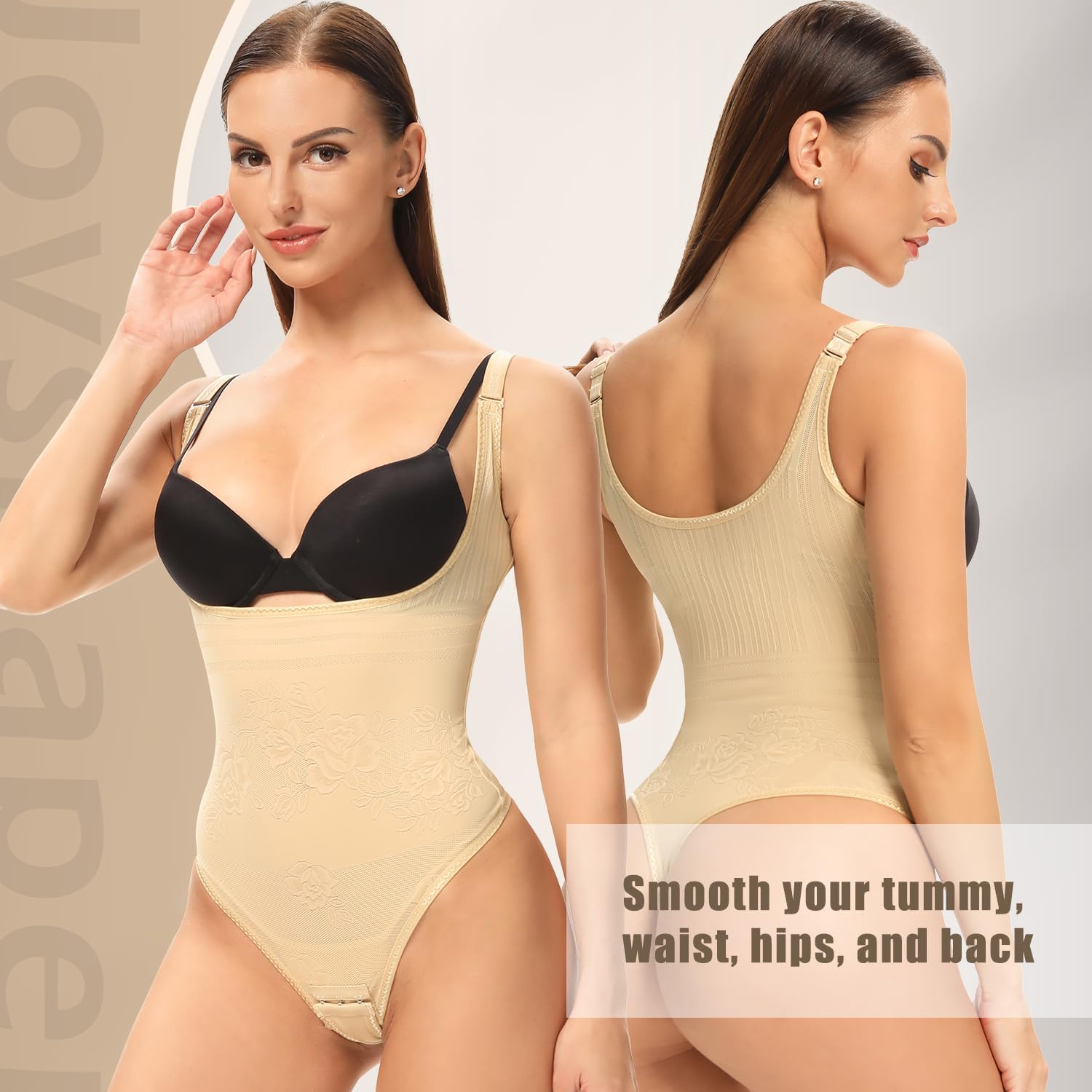 Joyshaper Figurformujący Body Damski Tanga Mocno Wyciągające Talię Formujące Body Bielizna z Haftkami Modelujący Bodysuit, Be?owy-1, XL