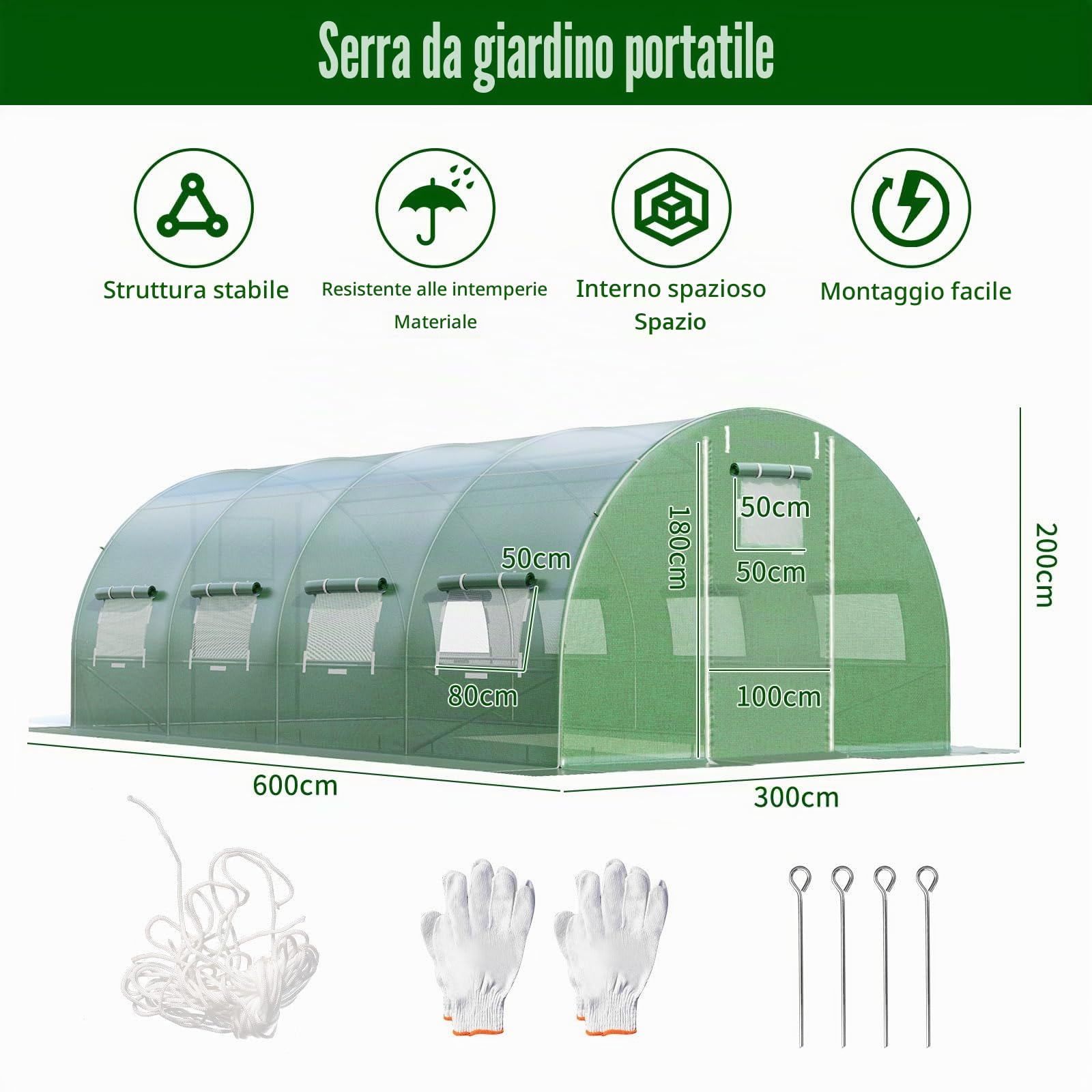HOMASIS Serra da Giardino in Pellicola, Serra Tunnel con Finestre e Porte Avvolgibili, Serra per Orto Robusta, Verde (6 x 3 x 2 m)