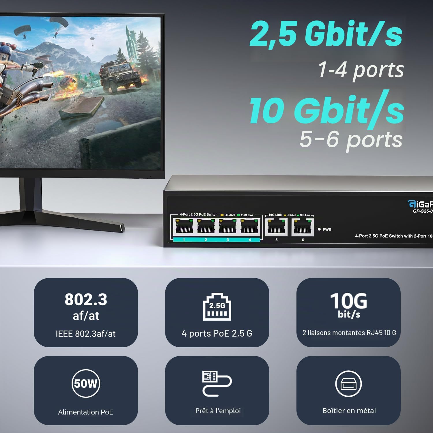 Switch Ethernet PoE Non administrable 6 Ports 10Gb avec 4 Ports PoE 2.5G Base-T et 2 Ports RJ45 10G. Capacité de Commutation de 60Gbit/s. Switch réseau GiGaPlus 10Gbit/s pour NAS/PC 2.5G/10Gbit/s