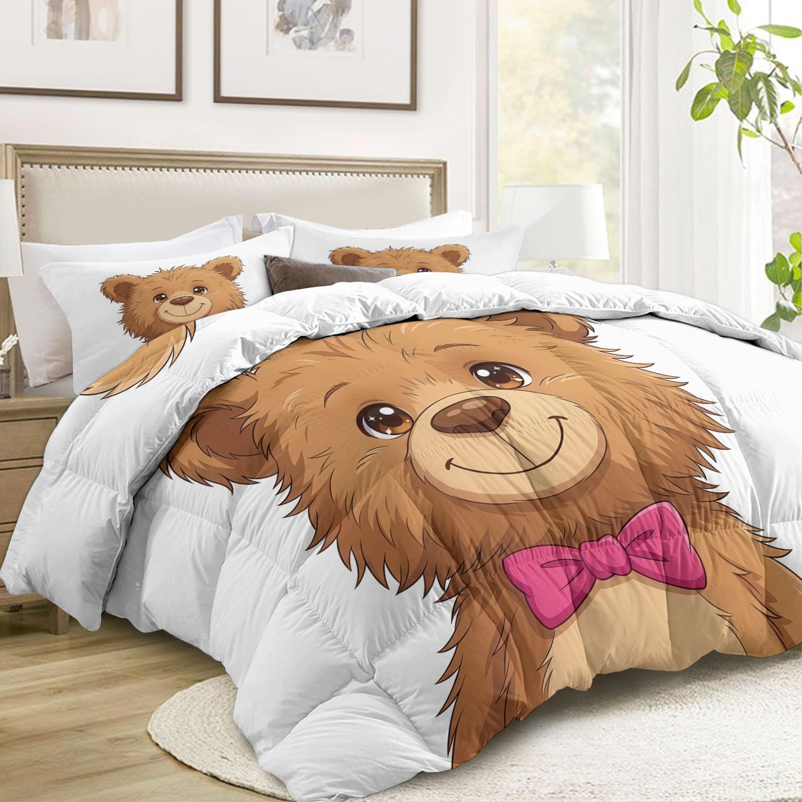 Generico Completo Copripiumino Imbottito 200 x 200 cm Campagna Animali Orsacchiotto Trapunta Tutto in Uno, Microfibra Traspirante & Lavabile Edredón – Set 3 Pezzi con 2 Federe, Design Elegante, Beige