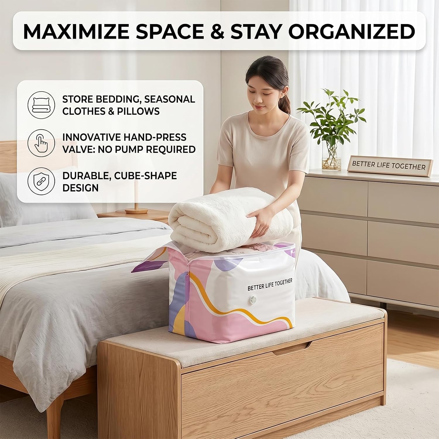 𝐁𝐞𝐭𝐭𝐞𝐫 𝐋𝐢𝐟𝐞 𝐒𝐩𝐚𝐜𝐞 Bags, 3D No-Pump Vacuum Bags - Press & Seal by Hand or Sit, Space-Saving Cubes, Bedding & Clothes - Leak-Airtight & Dust-Proof (One Large 39×31×15")