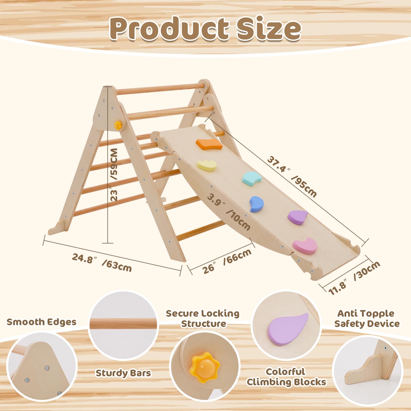 Pikler Triangle D'Escalade 5-en-1 Montessori – Pliable, Réversible, Toboggan, Sécurité Bois Pin