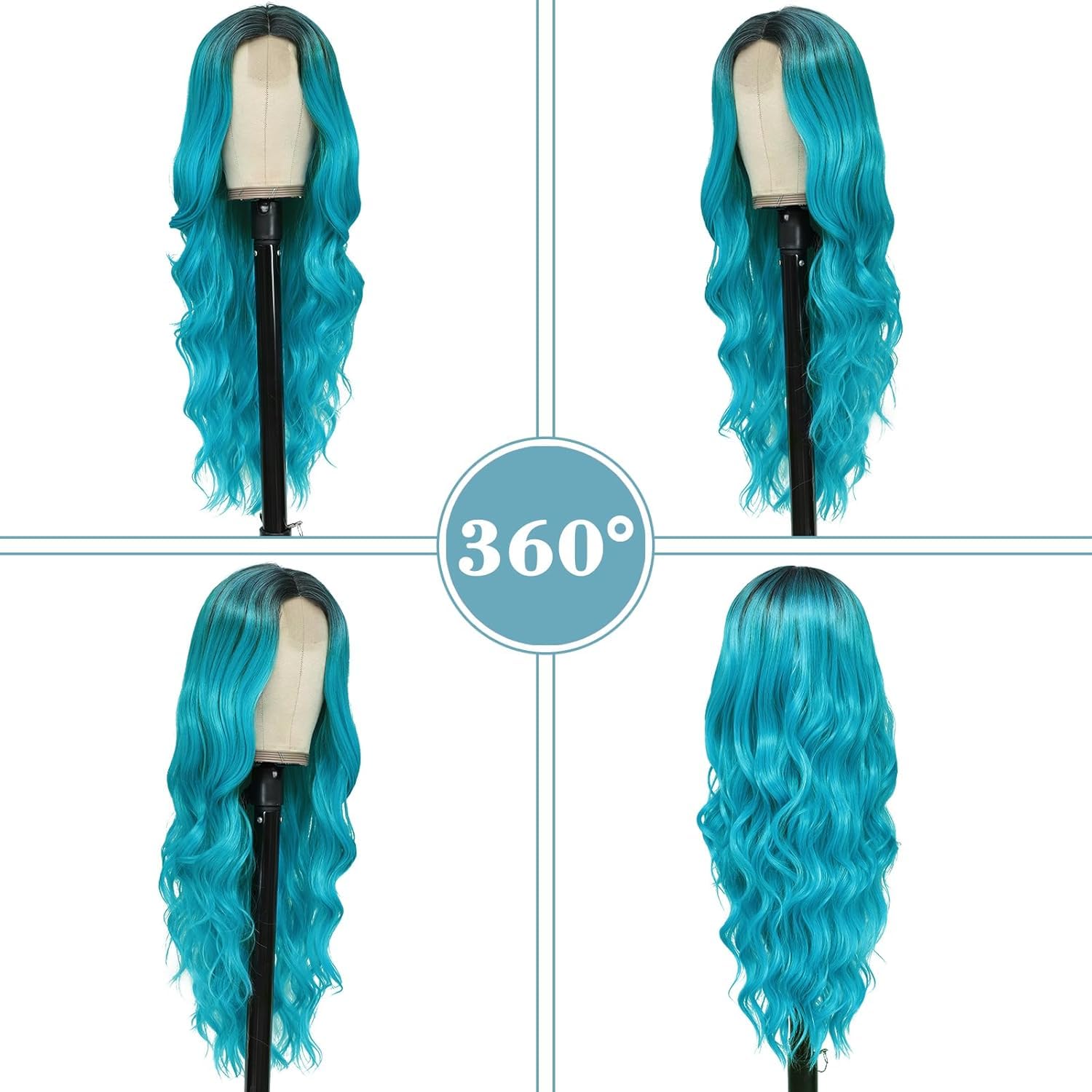 PORSMEER Long Ombre Bluish Light Blue Wavy Wig for Women 26 Inch Middle Part Lace Hairline Curly Wavy Wig Natural Looking Synthetic Heat Resistant Hair for Halloween Party or Daily Use - Image 3