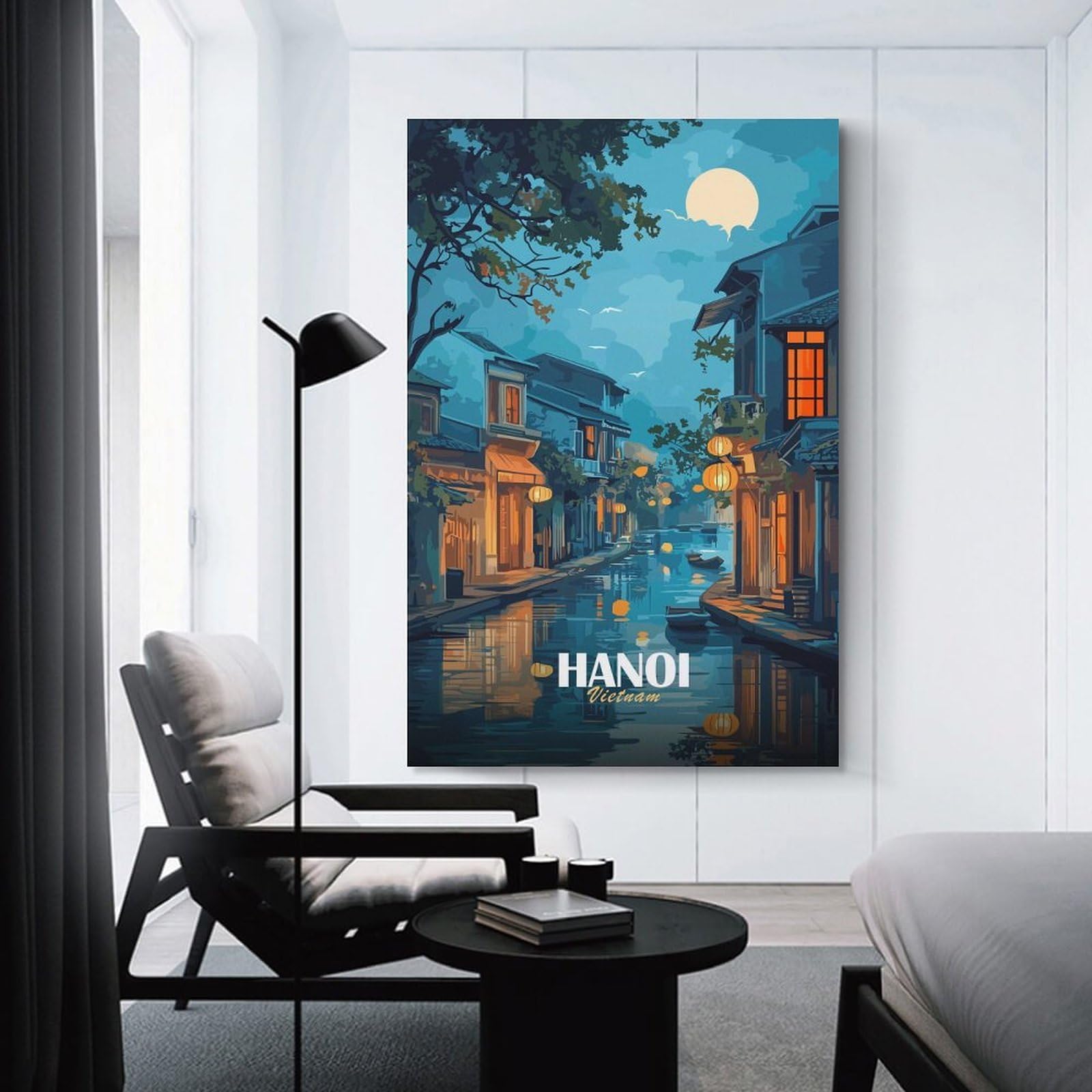 Junmoney Hanoi, Vietnam Canal at Night Home Decor Wall Art, 16x24inch(40x60cm), for Apartments, Flats Or New Home Decor, An Easy Choice for New Home Styling