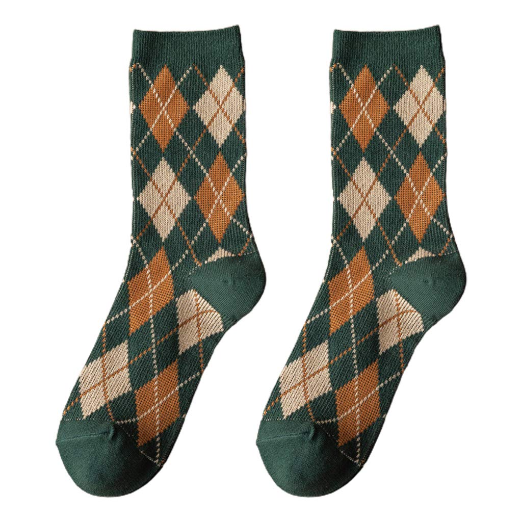 QUEENYARD Women Ethnic Argyle Print Crew Socks Vintage College Preppy Style Hosiery