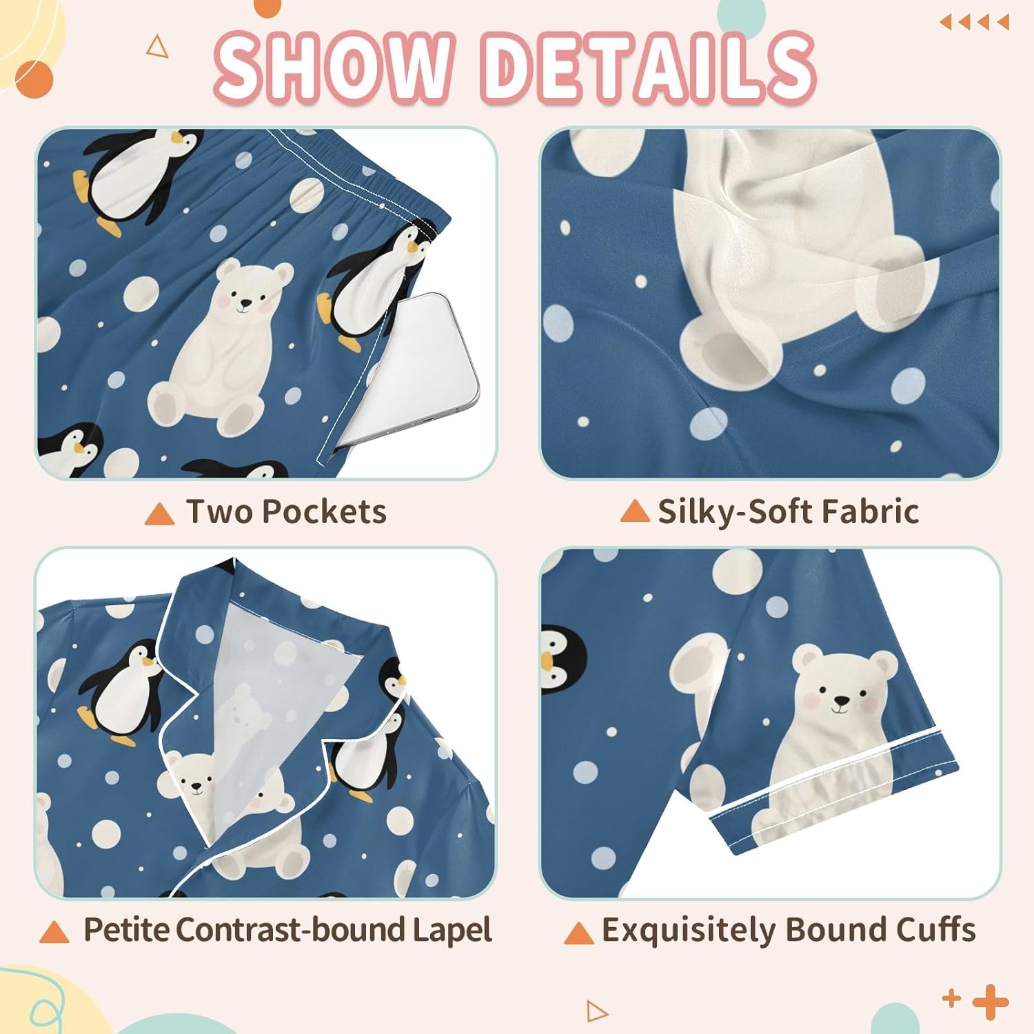 Kids Satin Wear Set Penguin and White Bear Pattern Relaxed Fit Clothing Short Sleeve and Shorts