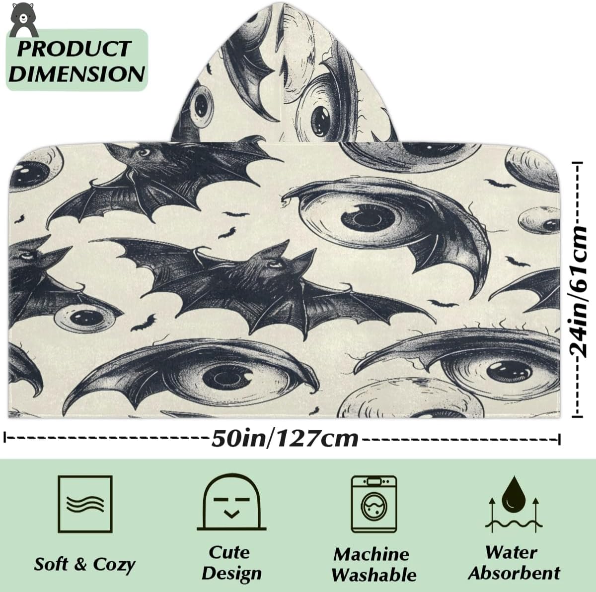 Pardick Kids Bath Towel Evil Bat Eyes Beach Towel with Hood Pool Cover Up for Girls Boys Soft Absorbent Hooded Bath Towel Toddler Towels for Beach, Pool