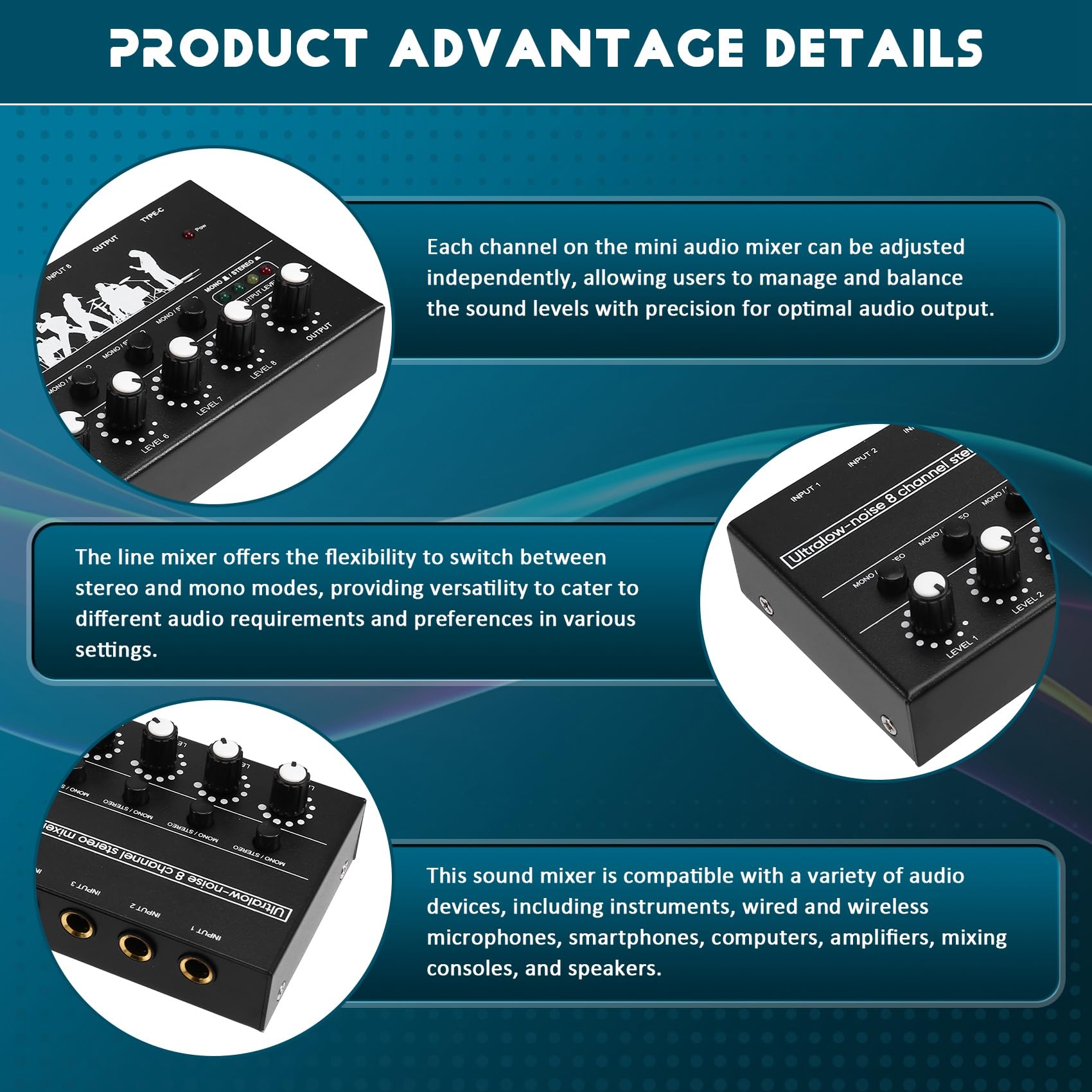 Professioneller 8-Kanal-Stereo-Mixer Tragbarer Sound-Audiomixer mit Low-Noise-Funktion für die Aufnahme Von Instrumenten