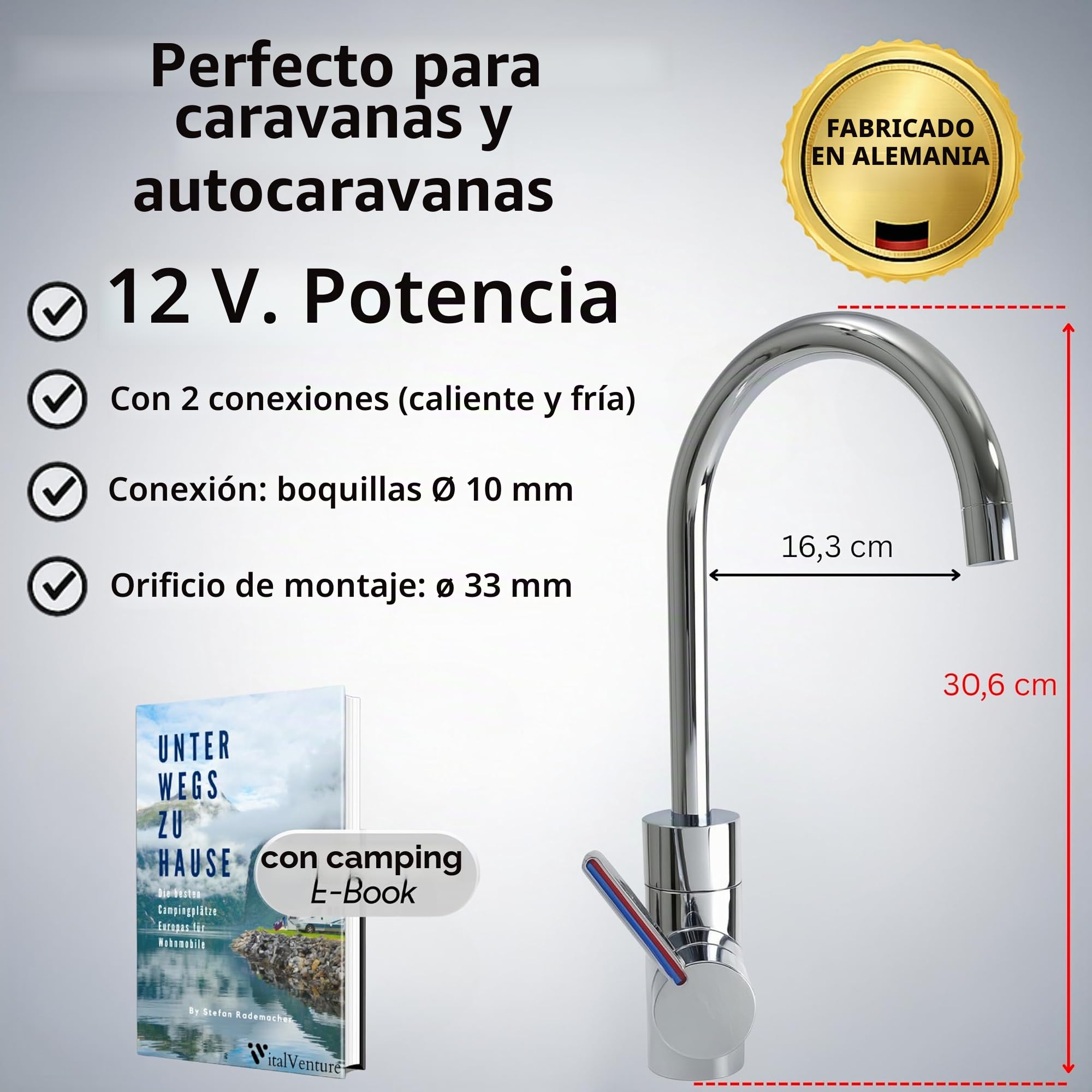 Comet Lucca - Grifo monomando para caravana (12 V, cromo, con microinterruptor, giratorio 360°, para autocaravanas y barcos)