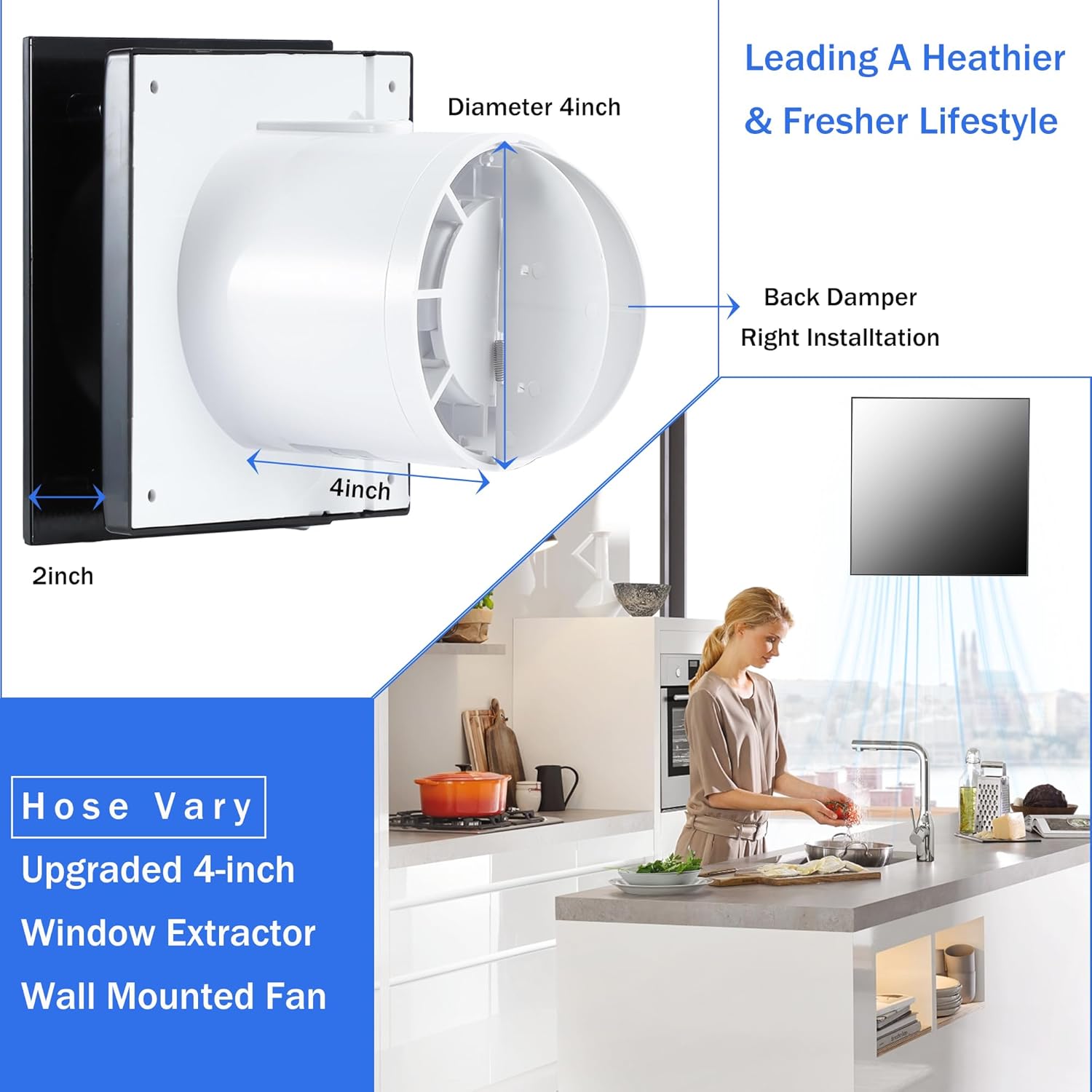 Upgraded Glass Panel, 4inch Window Wall Extractor Fan, Exhaust Fan, Ventilation Fan w/Check Valve, US Cord, Button Switch for Kitchen, Toilet, Garage, Attics