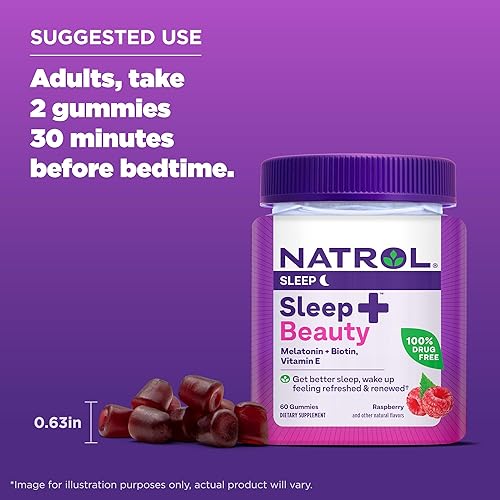Miniatura 6 de Natrol Sleep Beauty - Gomitas de melatonina biotina y vitamina E 100 libres de drogas sabor a frambuesa para dormir 60 unidades