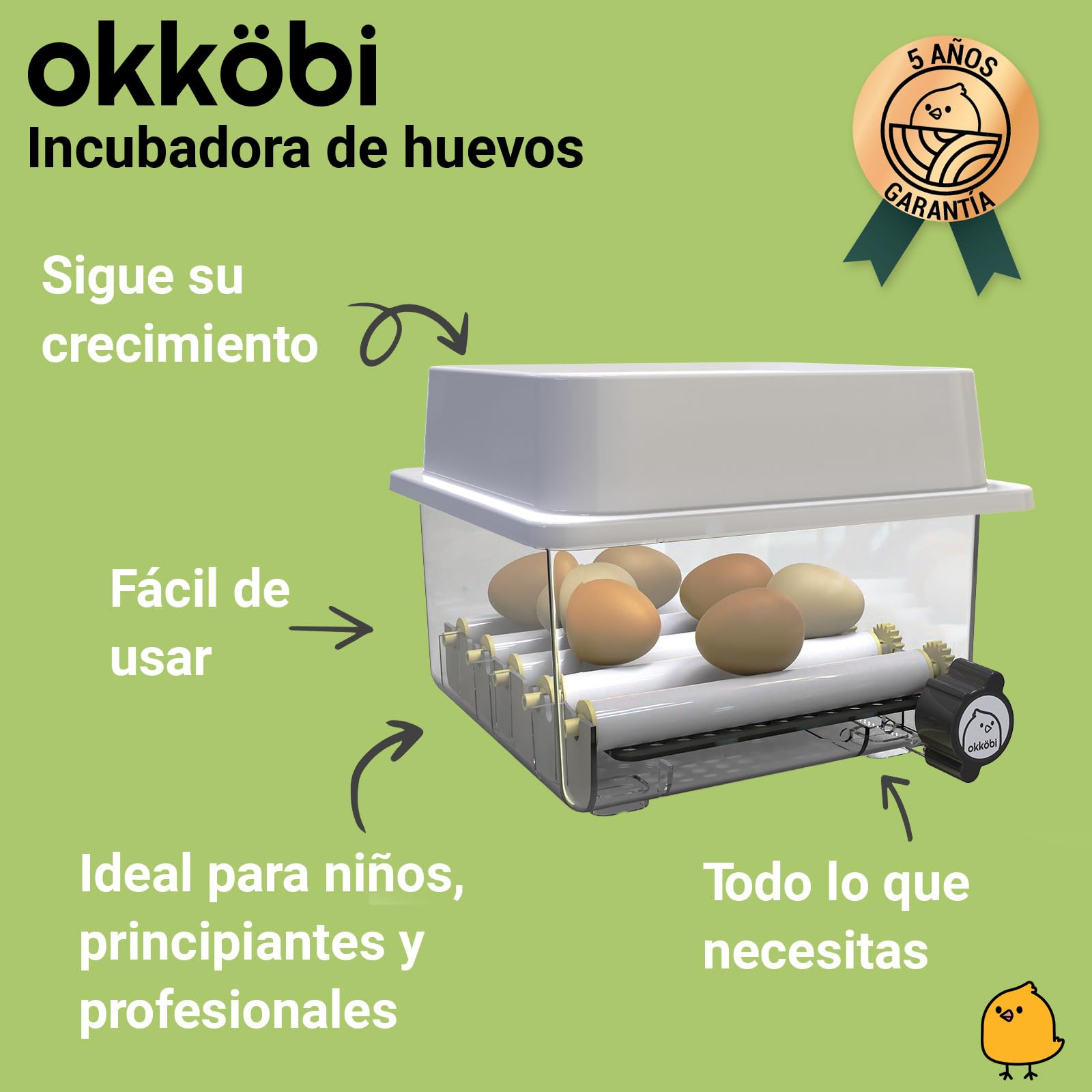 Incubadora Huevos Gallina 12 - Ideal para Todas Las Edades - Incubadoras de Huevos Automaticas - Volteo Automático y Control de Humedad -Ovoscopio Integrado - Okköbi Obi-12 - Blanco Verde