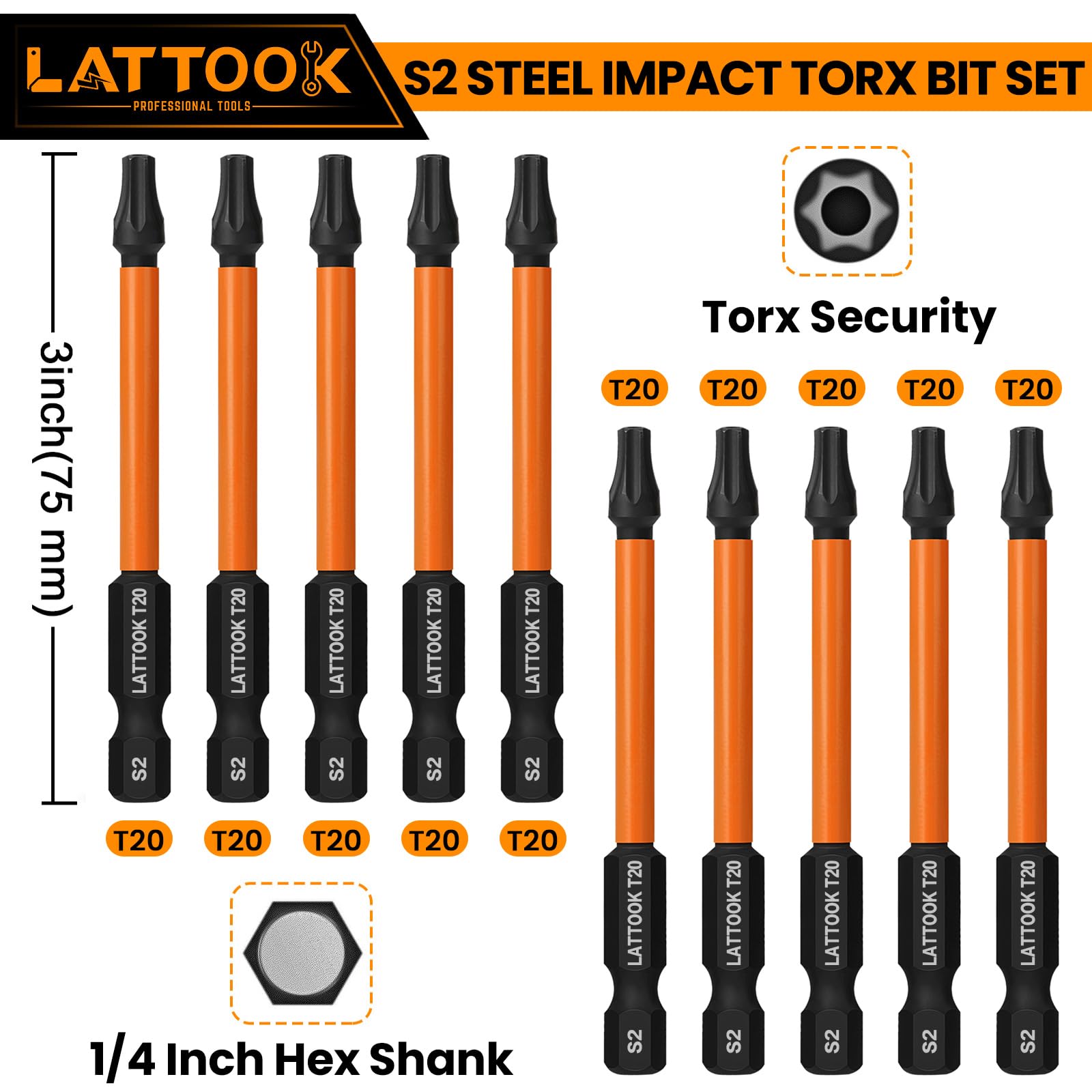 Juego de 10 brocas Torx T20 de 6 puntos, puntas Torx de seguridad, de alto impacto, magnético #20 Torx, acero S2 magnético, 3 pulgadas de largo