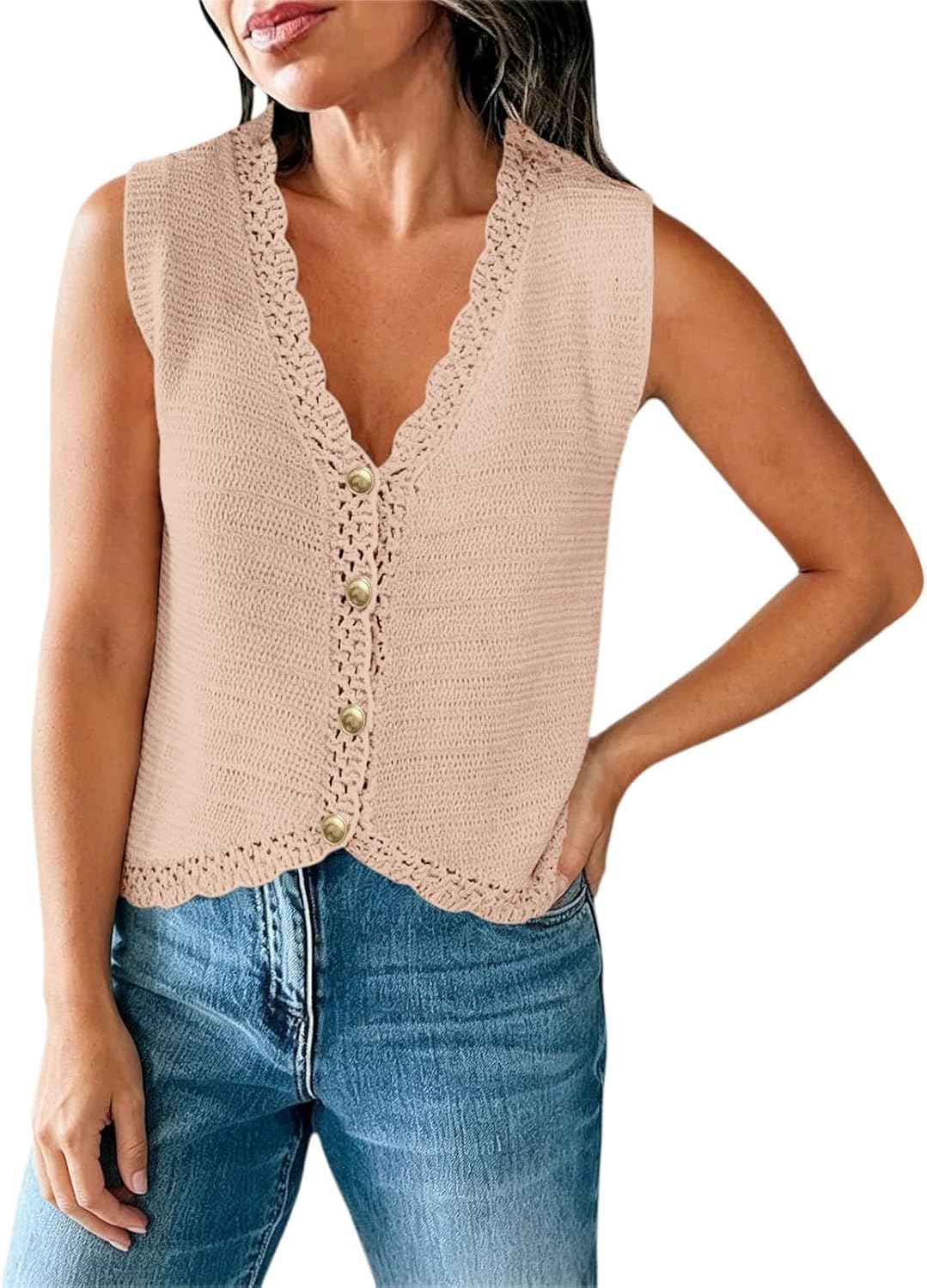 Women Crochet Tank Top,V Neck,Cropped,Button Down,Sleeveless Boho Style | Exquisite handmade knit texture, ideal for beach vacations, daily leisure and evening outings
