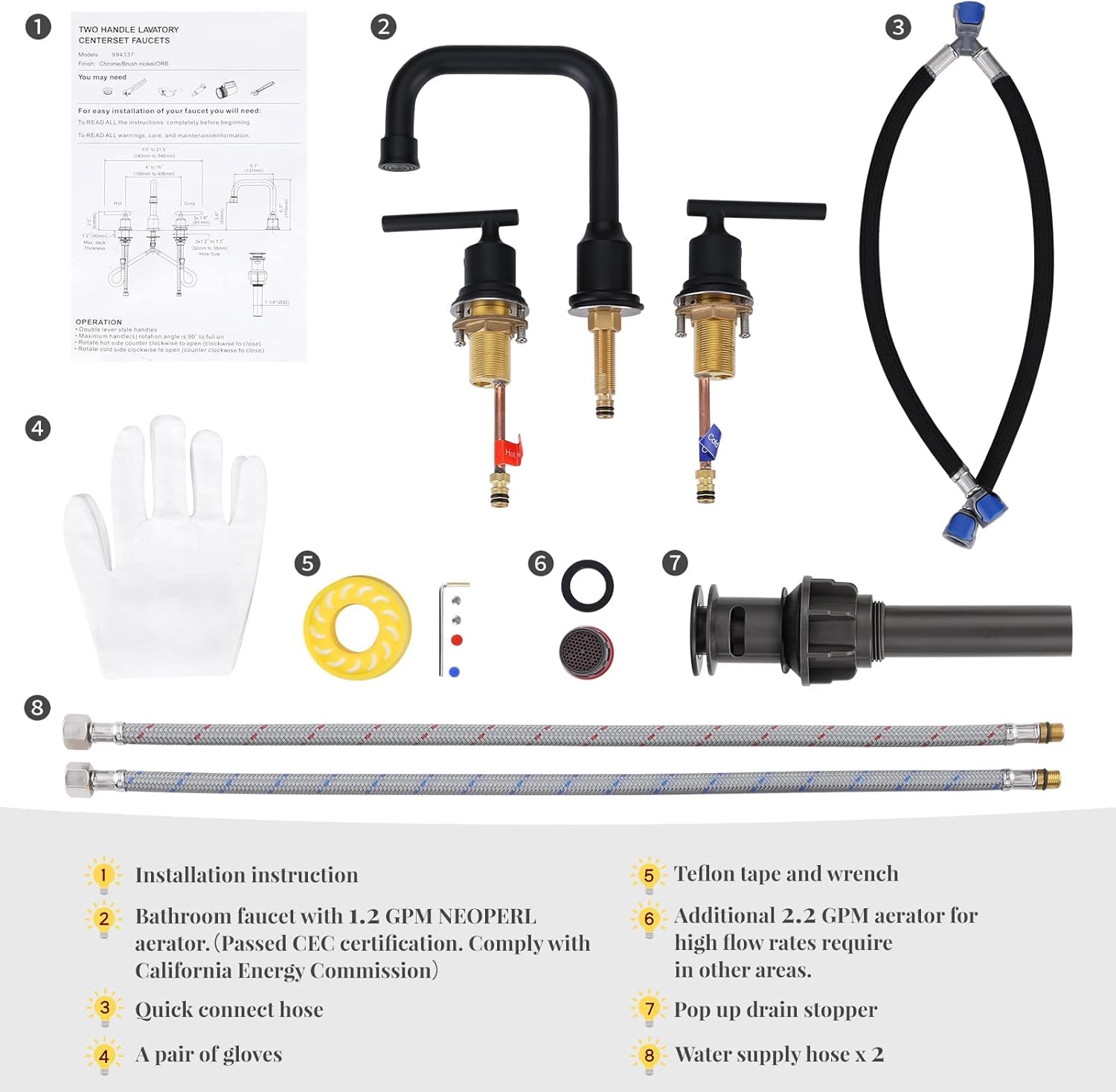 WOWOW Two Handles Widespread 8 inch Bathroom Faucet Black 3 Pieces Basin Faucets 360 Degree Swivel Spout Lavatory Sink Faucet - Image 7