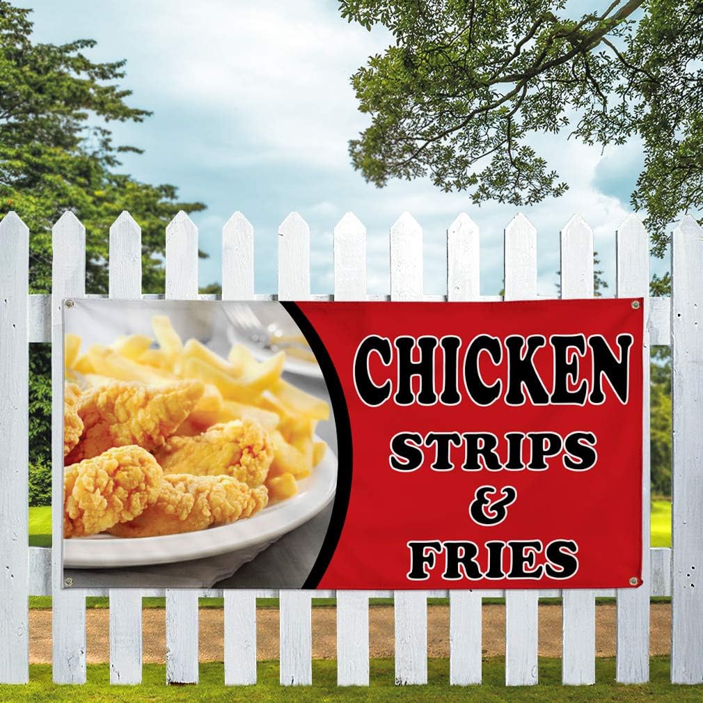 Vinyl Banner Multiple Sizes Chicken Strips & Fries Advertising Printing Restaurant & Food Outdoor Weatherproof Industrial Yard Signs Red 4 Grommets 16x40Inches