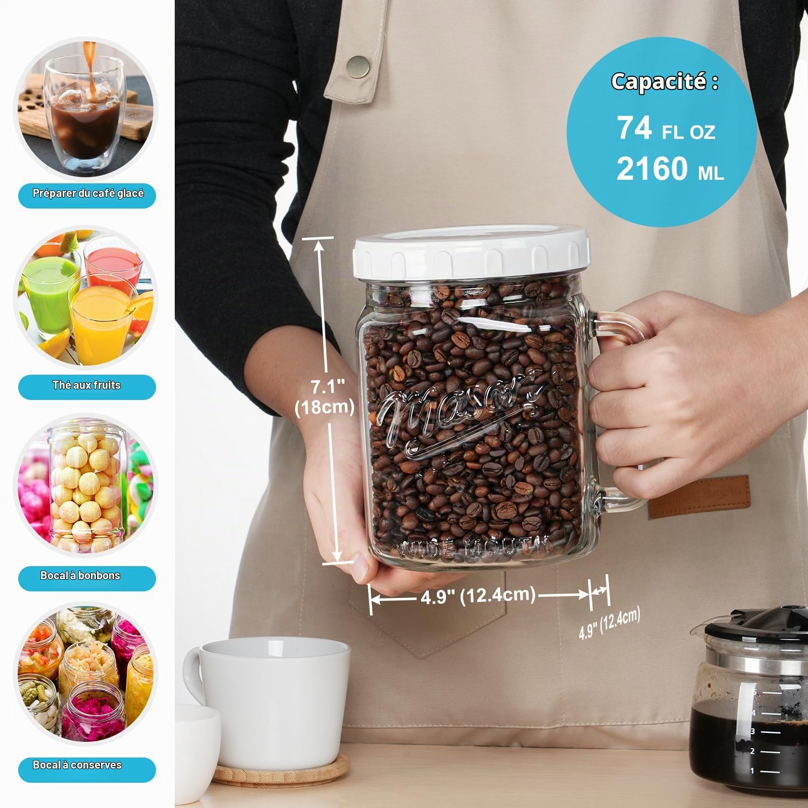 Absovetu Lot de 2 bocaux de conservation carrés avec couvercle hermétique - 2 l - Bouteilles en verre avec poignée - Mason Jars