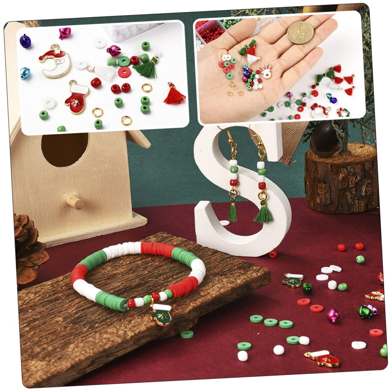 SHINEOFI 4 Juegos cuentas de navidad christmas ornaments kit joyeria accesorios niñas pulsera de navidad kit de fabricación de joyas para juego de collar arcilla polimérica