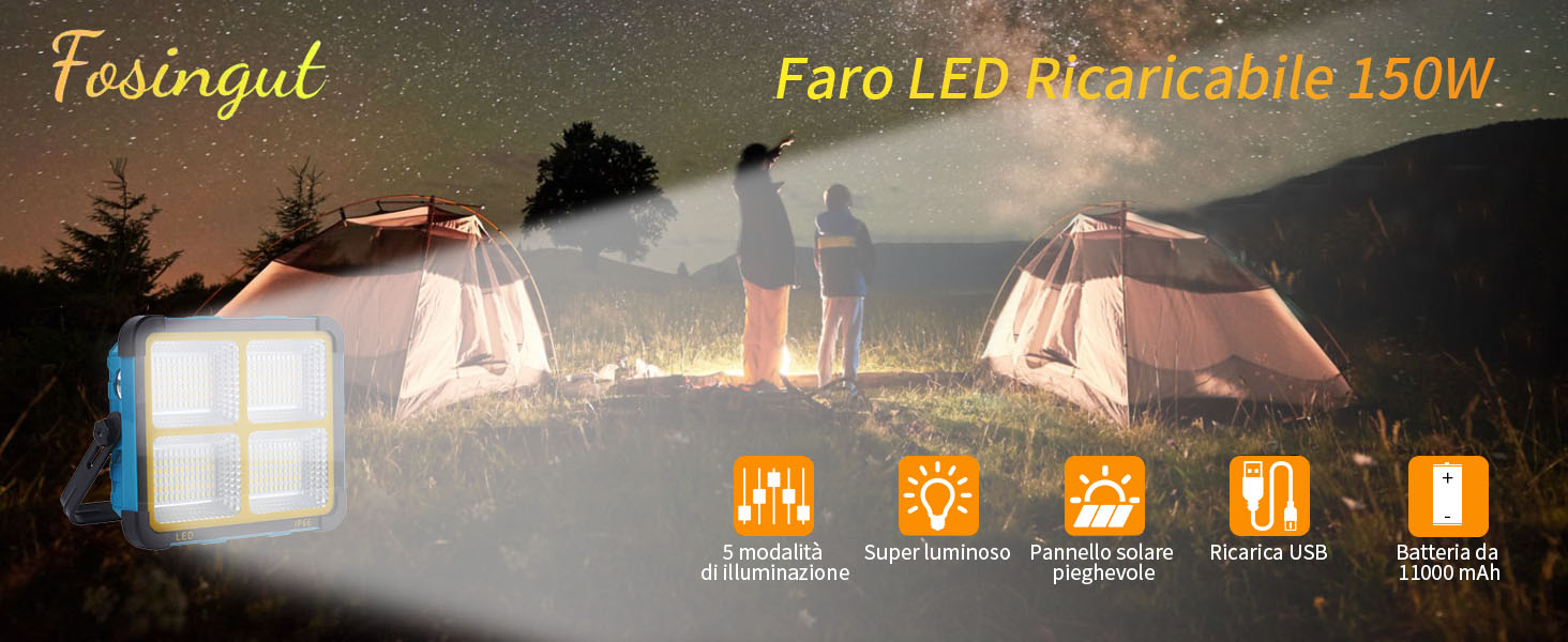 Faro LED Ricaricabile 150W Con Pannelli Solari - 11000mAh, IP66, 5 Modalit&agrave;, Per Esterno Ed Emergenza