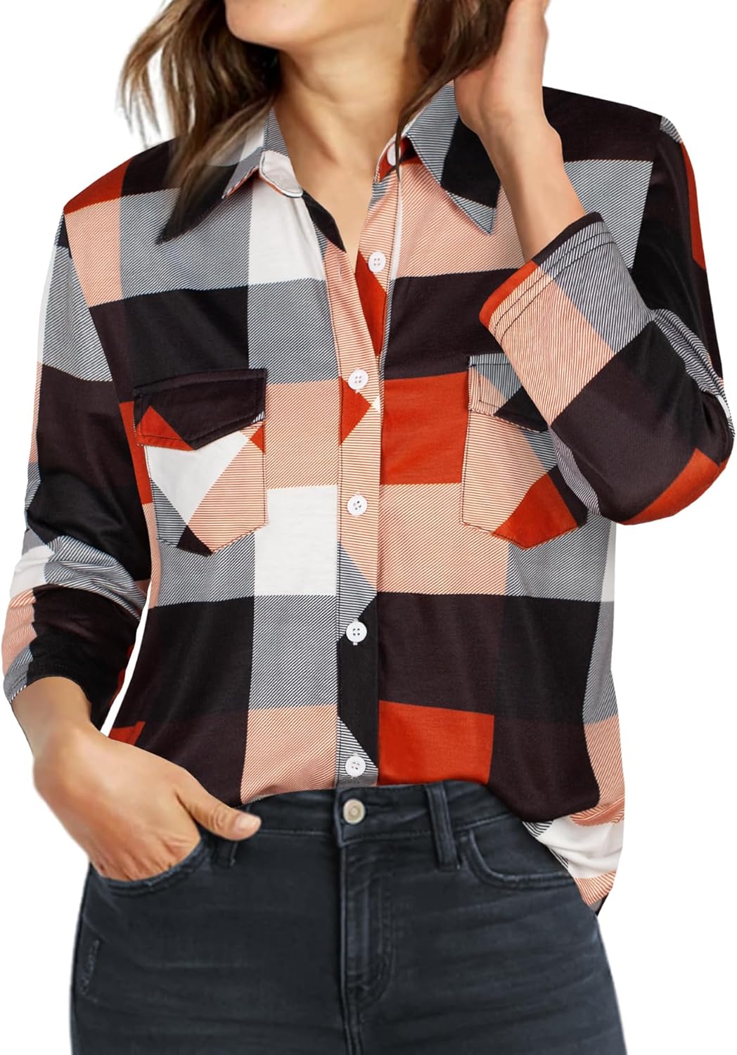 Ninedaily Women's Plaid Shirt Collared Button Down Blouse 3/4 Sleeve Tunic Tops