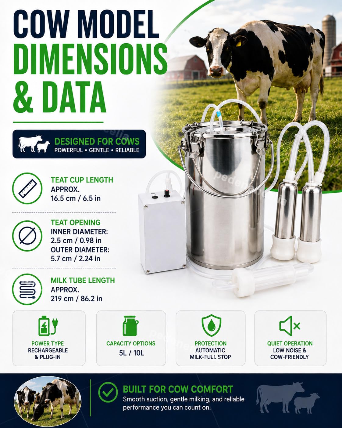 Mungitrice Elettrica 5L/10L, per Mucche e Pecore, Ricaricabile 10L-cattle | Batteria 5200mAh Senza Fili e Rete, Valvola a Galleggiante Auto-Stop e Secchio Inox per Piccole Fattorie