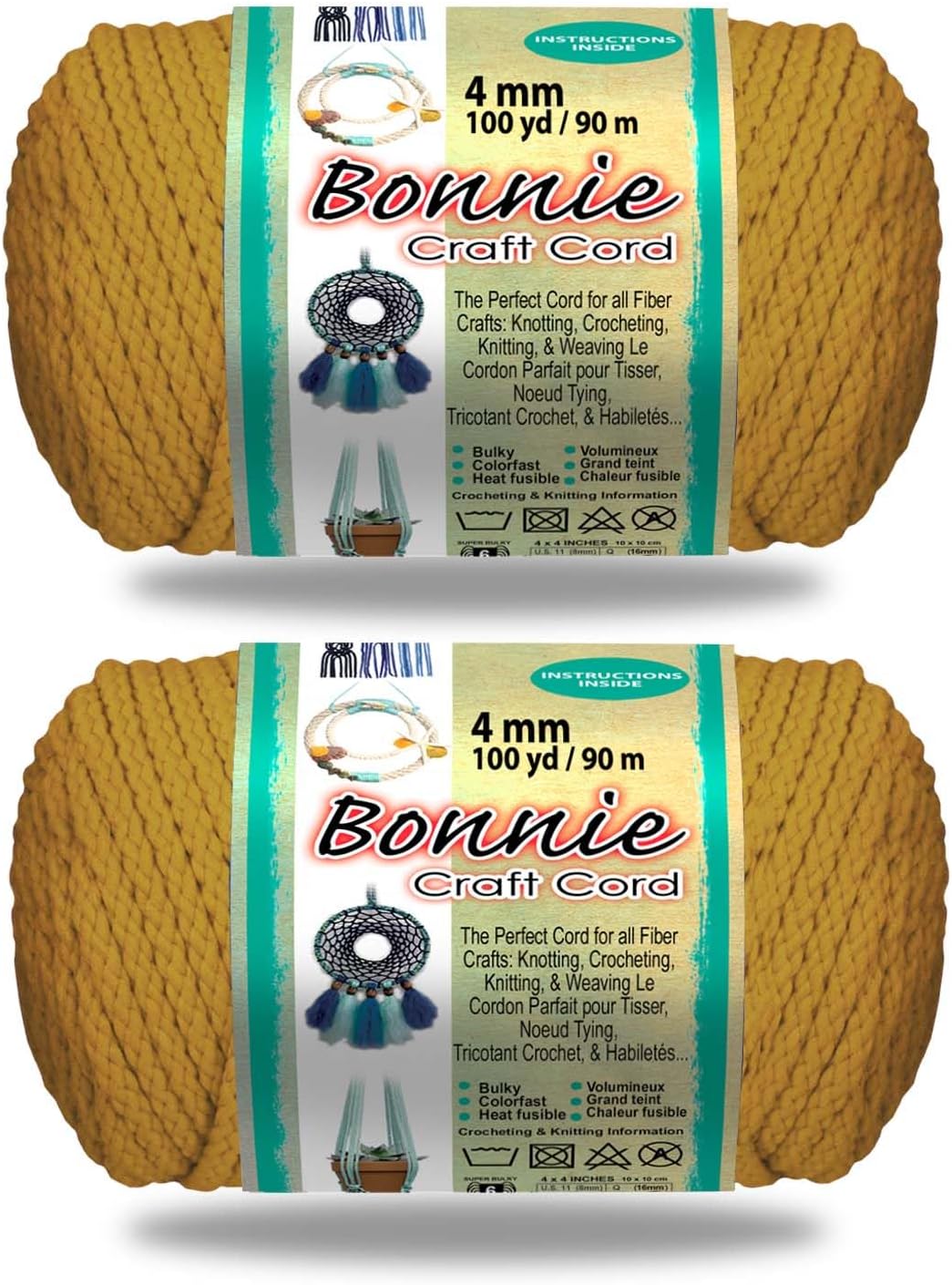 Pepperell Bonnie Braid Macrame Cord | 4mm x 100yd | Value 2-Pack | Twisted Polypropylene Cord for DIY Crafts, Plant Hangers, Wall Hangings, Crochet & Macrame (Gold)
