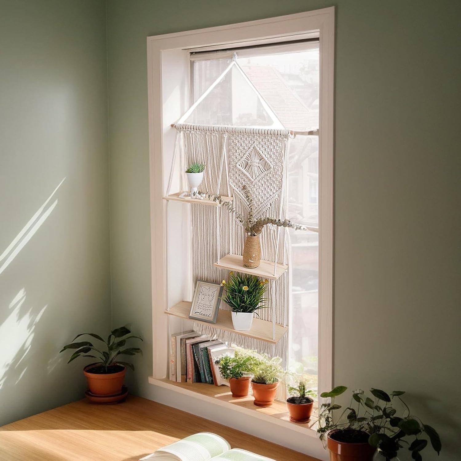 ハンギングスタンド ボーホースタイル - シンプルなマウントハンギングシェルフ、オーガナイザー3段マクラメスタンドボーホーデコール|