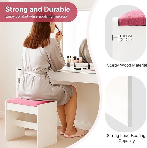 CROWNSHOP Vanity Stool Padded Dressing Table Chair Makeup Seat Pink