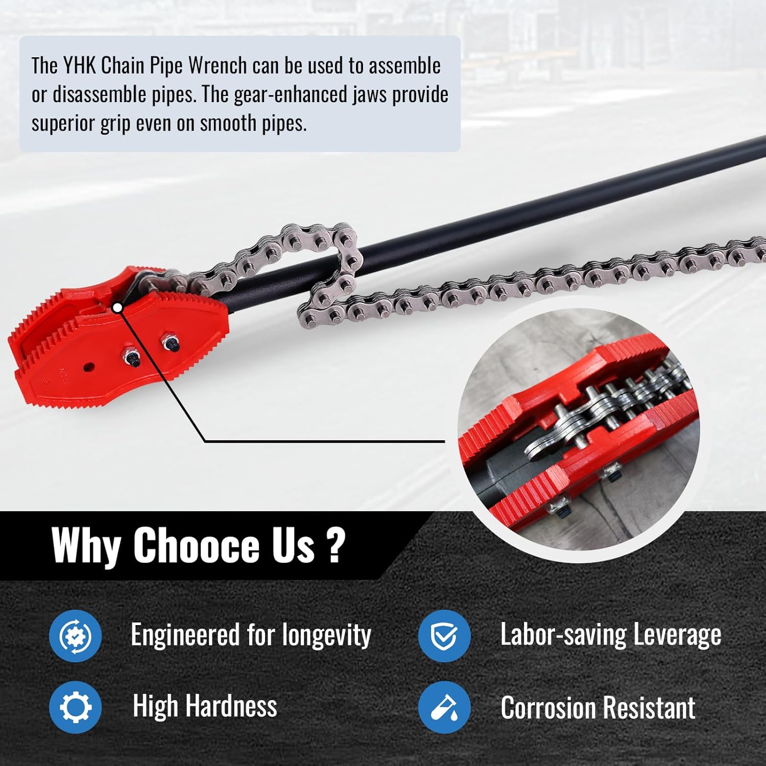 YHK Chain Pipe Wrench, 64” Heavy Duty Chain Tongs with 64" Chain Length, Heavy-Duty Chain Wrench for Pipe Installation, Repair, and Maintenance, Fit for 2"-12" Pipe Diameters