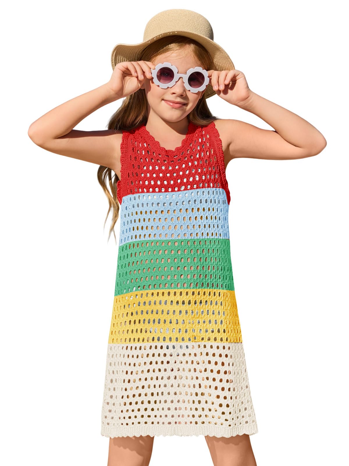 Haloumoning Girls Color Block Crochet Knit Swim Cover up Kids Summer Sleeveless Beach Dress 5-14 Years